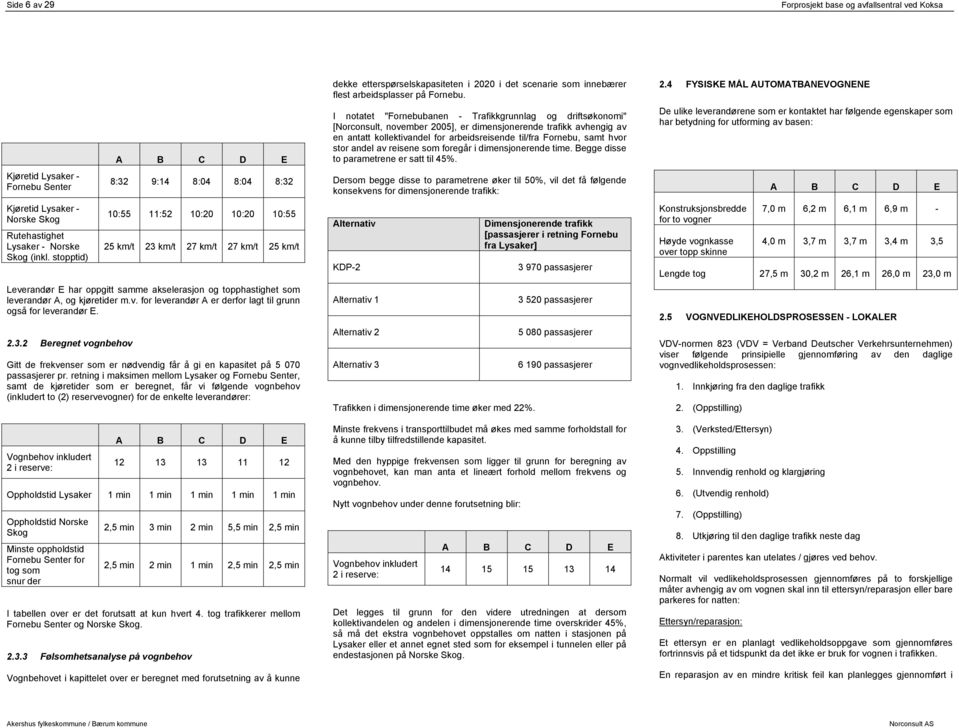 kjøretider m.v. for leverandør A er derfor lagt til grunn også for leverandør E. 2.3.2 Beregnet vognbehov Gitt de frekvenser som er nødvendig får å gi en kapasitet på 5 070 passasjerer pr.