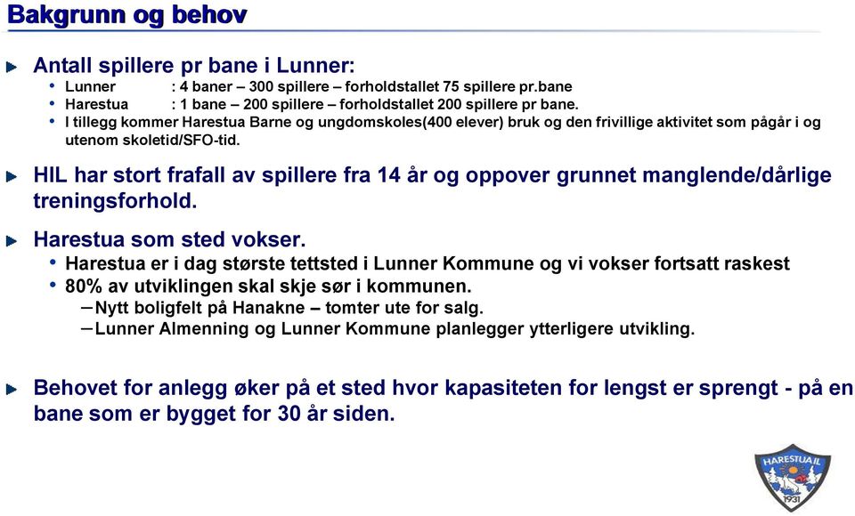 HIL har stort frafall av spillere fra 14 år og oppover grunnet manglende/dårlige treningsforhold. Harestua som sted vokser.