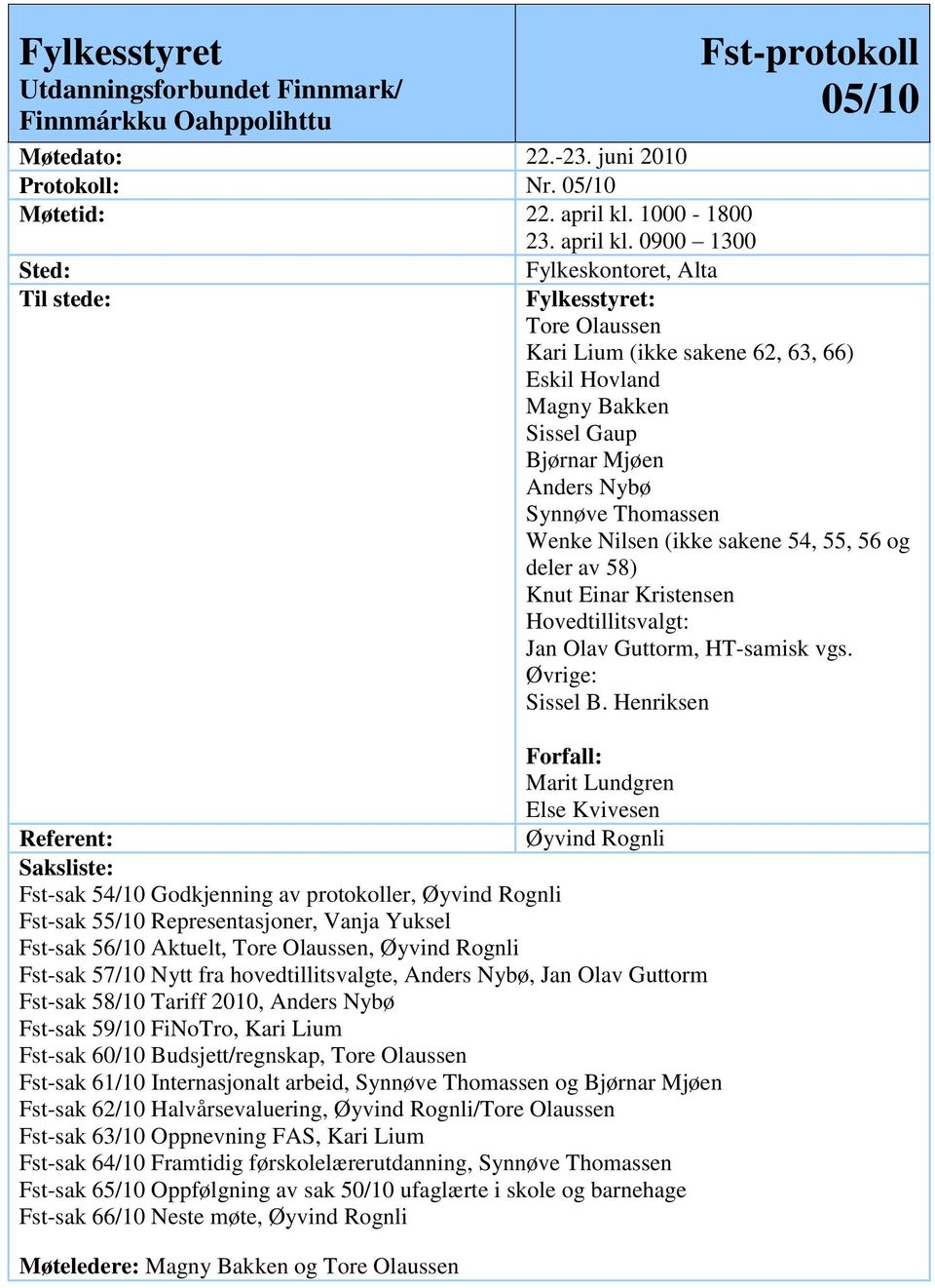 0900 1300 Sted: Til stede: Fst-protokoll 05/10 Fylkeskontoret, Alta Fylkesstyret: Tore Olaussen Kari Lium (ikke sakene 62, 63, 66) Eskil Hovland Magny Bakken Sissel Gaup Bjørnar Mjøen Anders Nybø