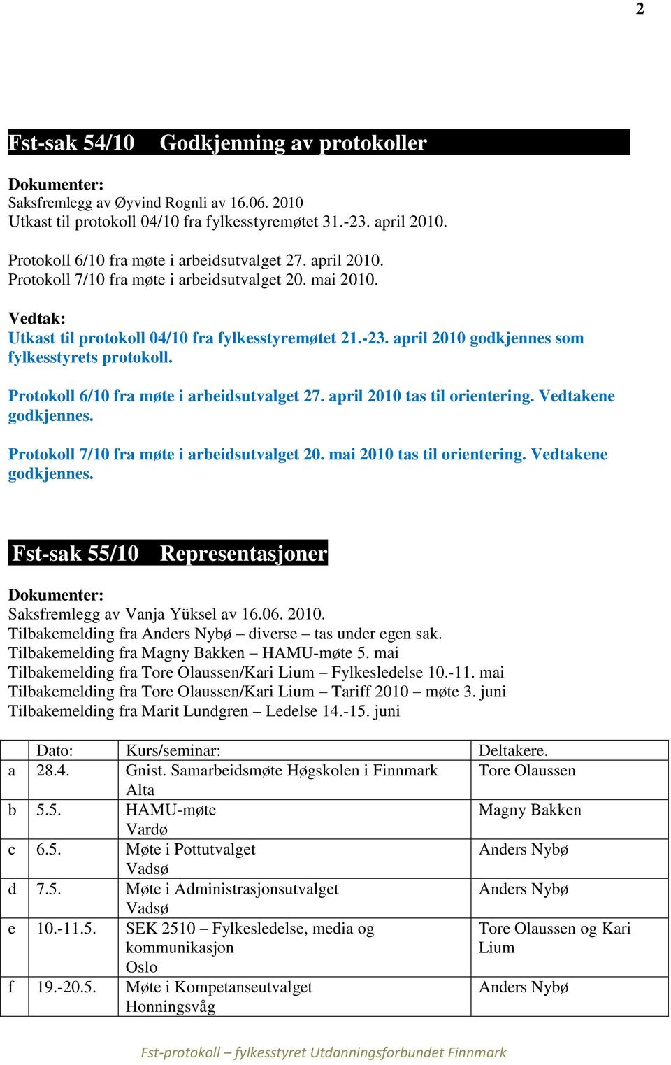 april 2010 godkjennes som fylkesstyrets protokoll. Protokoll 6/10 fra møte i arbeidsutvalget 27. april 2010 tas til orientering. Vedtakene godkjennes. Protokoll 7/10 fra møte i arbeidsutvalget 20.