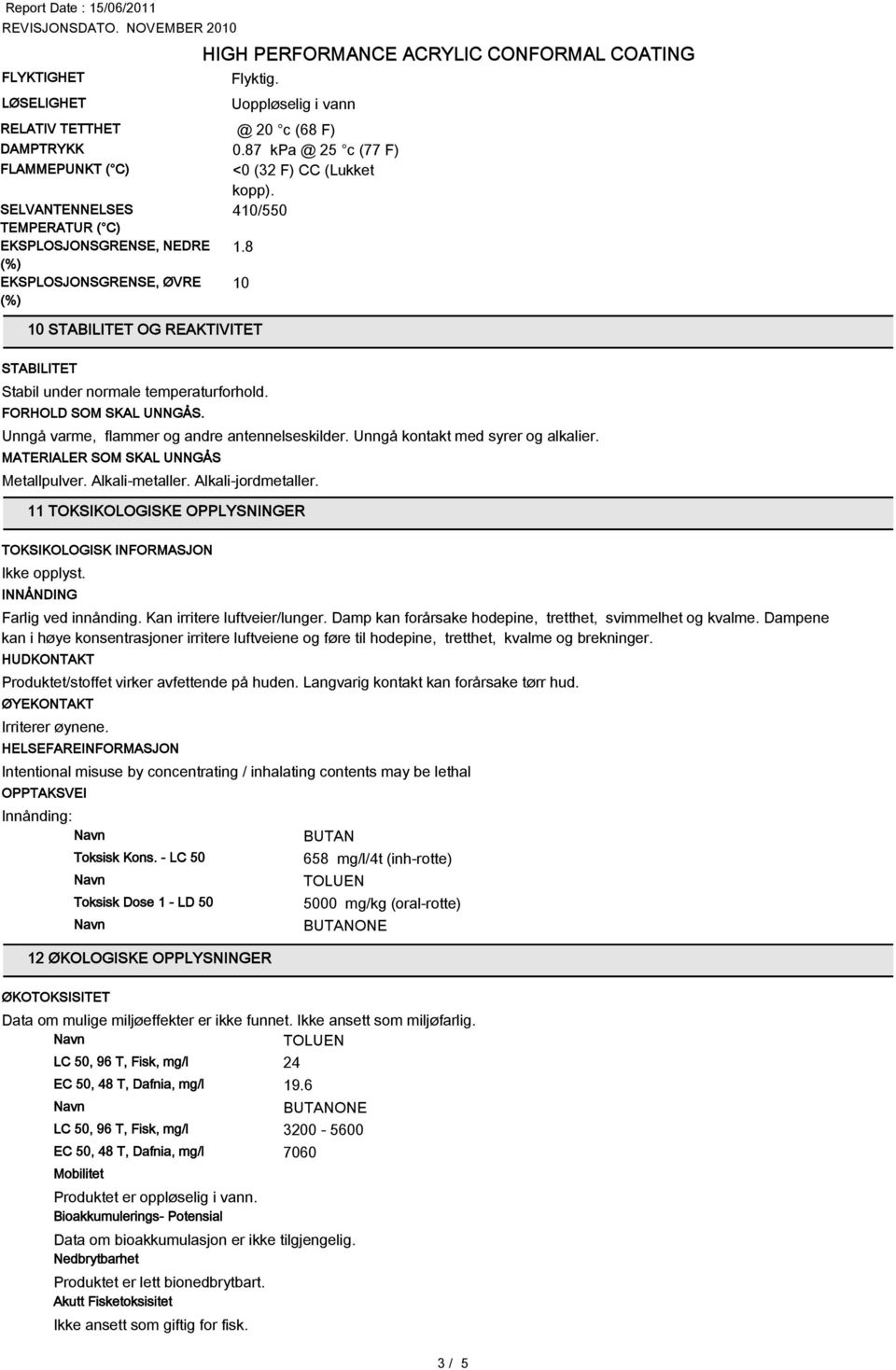 FORHOLD SOM SKAL UNNGÅS. Unngå varme, flammer og andre antennelseskilder. Unngå kontakt med syrer og alkalier. MATERIALER SOM SKAL UNNGÅS Metallpulver. Alkali-metaller. Alkali-jordmetaller.