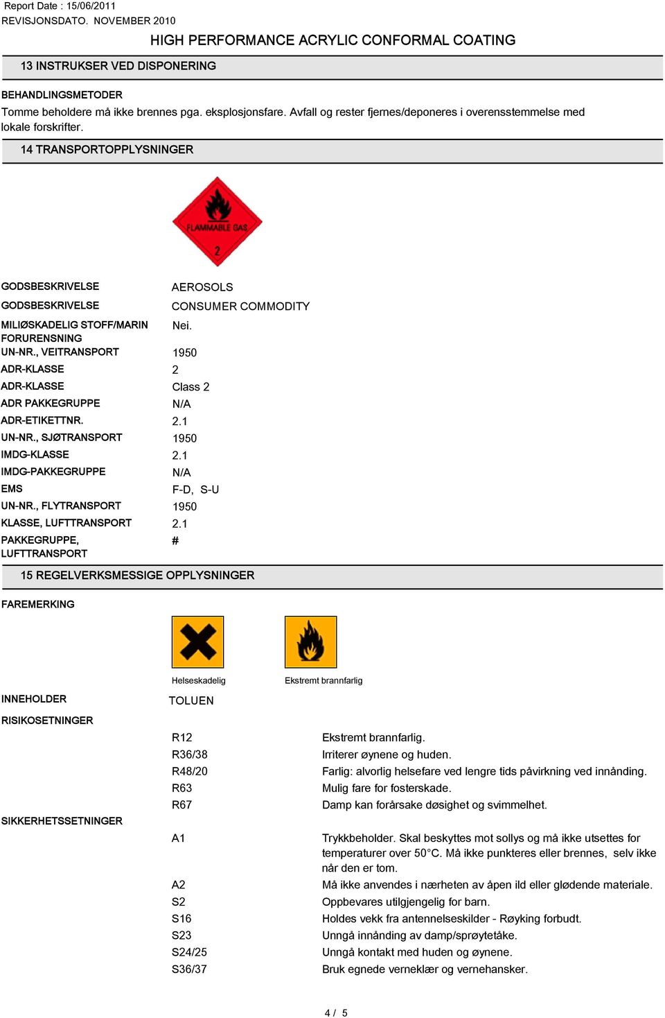 , FLYTRSPORT KLASSE, LUFTTRSPORT PAKKEGRUPPE, LUFTTRSPORT AEROSOLS CONSUMER COMMODITY Nei.