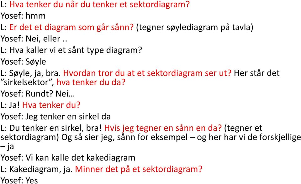 Her står det sirkelsektor, hva tenker du da? Yosef: Rundt? Nei L: Ja! Hva tenker du? Yosef: Jeg tenker en sirkel da L: Du tenker en sirkel, bra!