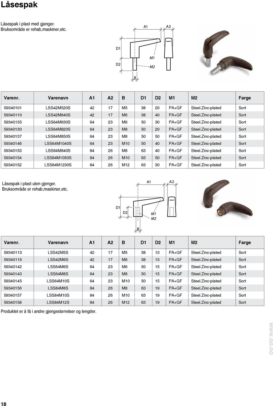 Zinc-plated Sort 59340137 LSS64M850S 64 23 M8 50 50 PA+GF Steel.Zinc-plated Sort 59340146 LSS64M1040S 64 23 M10 50 40 PA+GF Steel.Zinc-plated Sort 59340153 LSS84M840S 84 26 M8 63 40 PA+GF Steel.