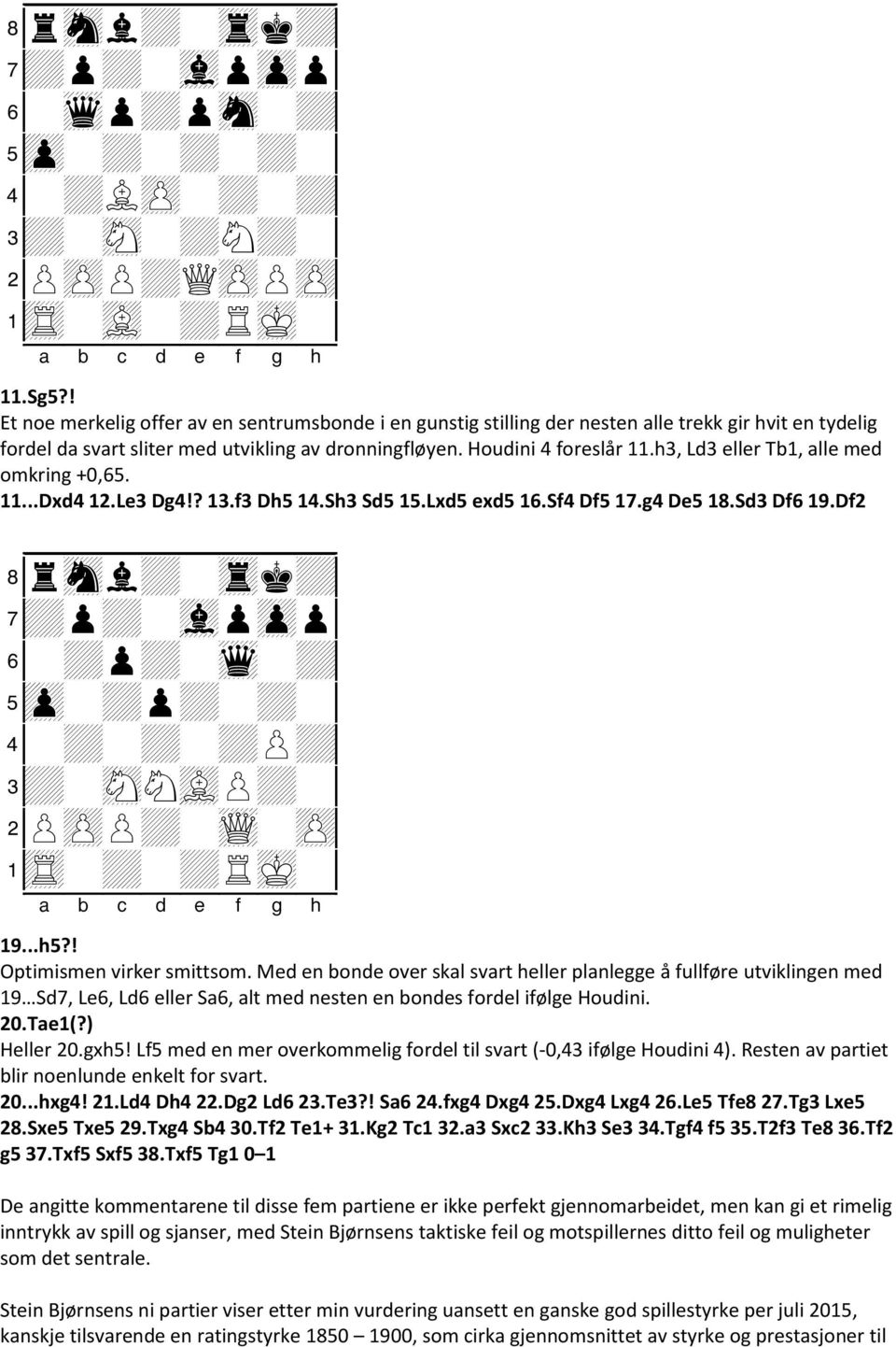 h3, Ld3 eller Tb1, alle med omkring +0,65. 11...Dxd4 12.Le3 Dg4!? 13.f3 Dh5 14.Sh3 Sd5 15.Lxd5 exd5 16.Sf4 Df5 17.g4 De5 18.Sd3 Df6 19.