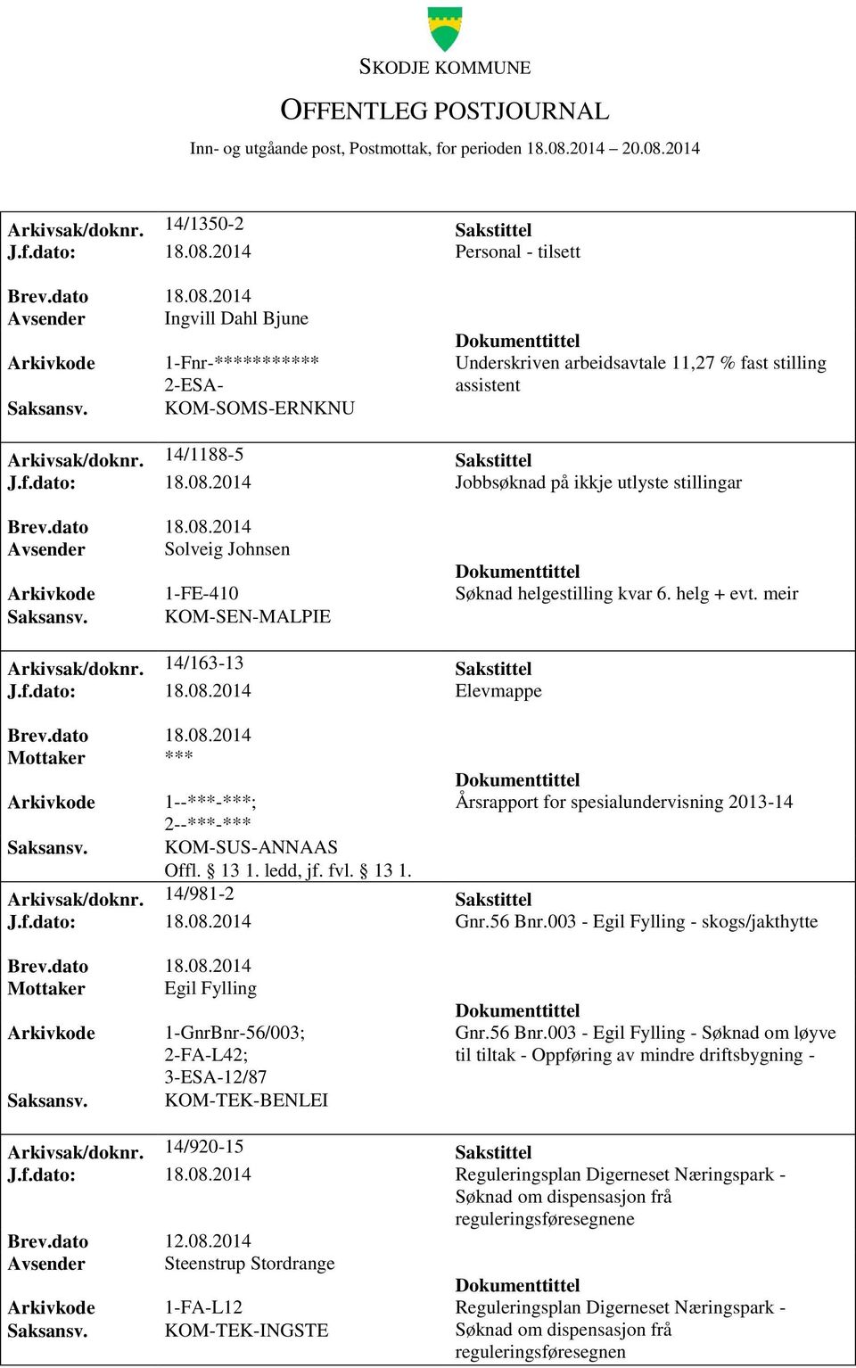 14/163-13 Sakstittel J.f.dato: 18.08.2014 Elevmappe Mottaker *** 1--***-***; 2--***-*** KOM-SUS-ANNAAS Årsrapport for spesialundervisning 2013-14 Arkivsak/doknr. 14/981-2 Sakstittel J.f.dato: 18.08.2014 Gnr.