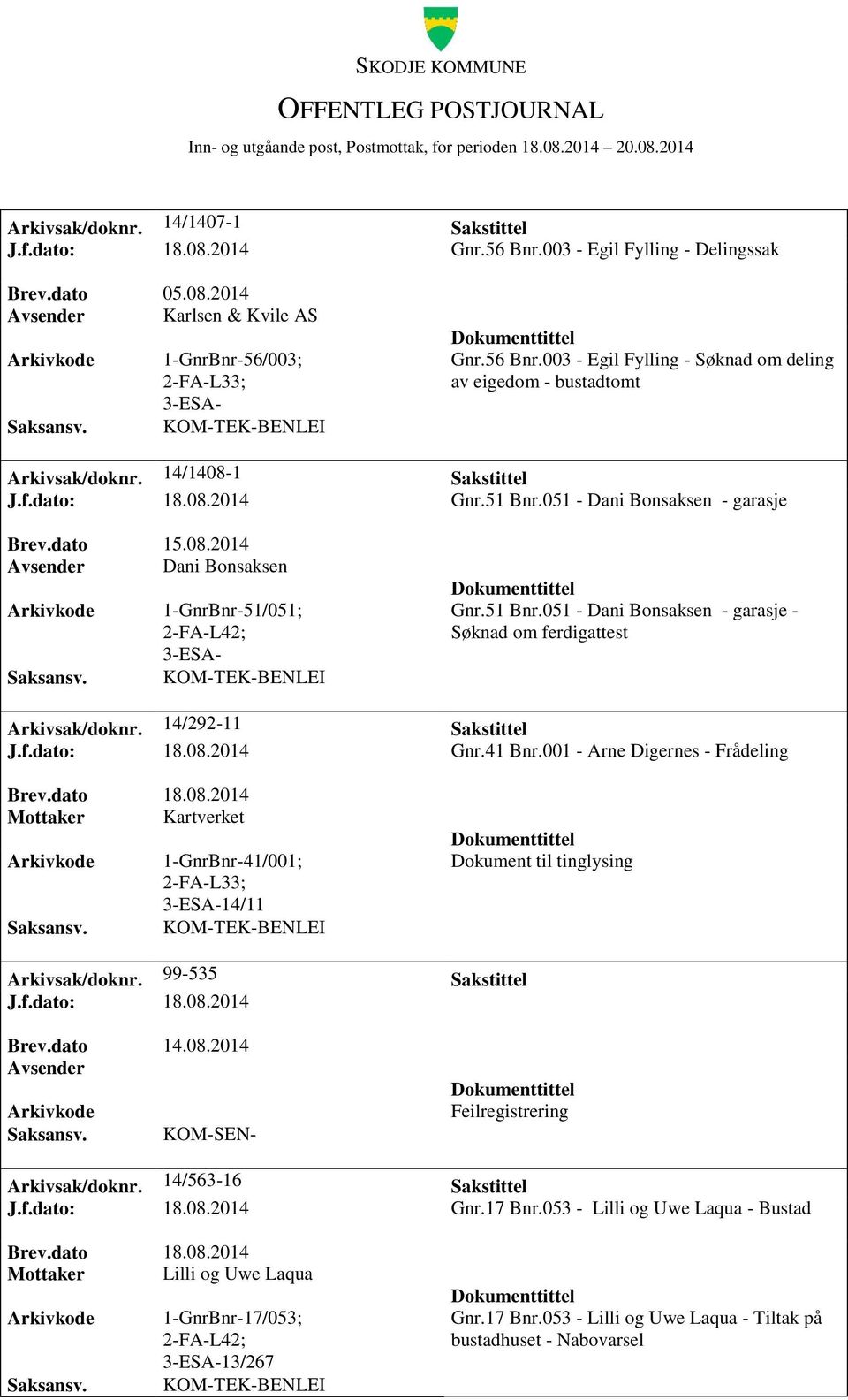 14/292-11 Sakstittel J.f.dato: 18.08.2014 Gnr.41 Bnr.001 - Arne Digernes - Frådeling Mottaker Kartverket 1-GnrBnr-41/001; 2-FA-L33; 14/11 Dokument til tinglysing Arkivsak/doknr. 99-535 Sakstittel J.f.dato: 18.08.2014 Brev.