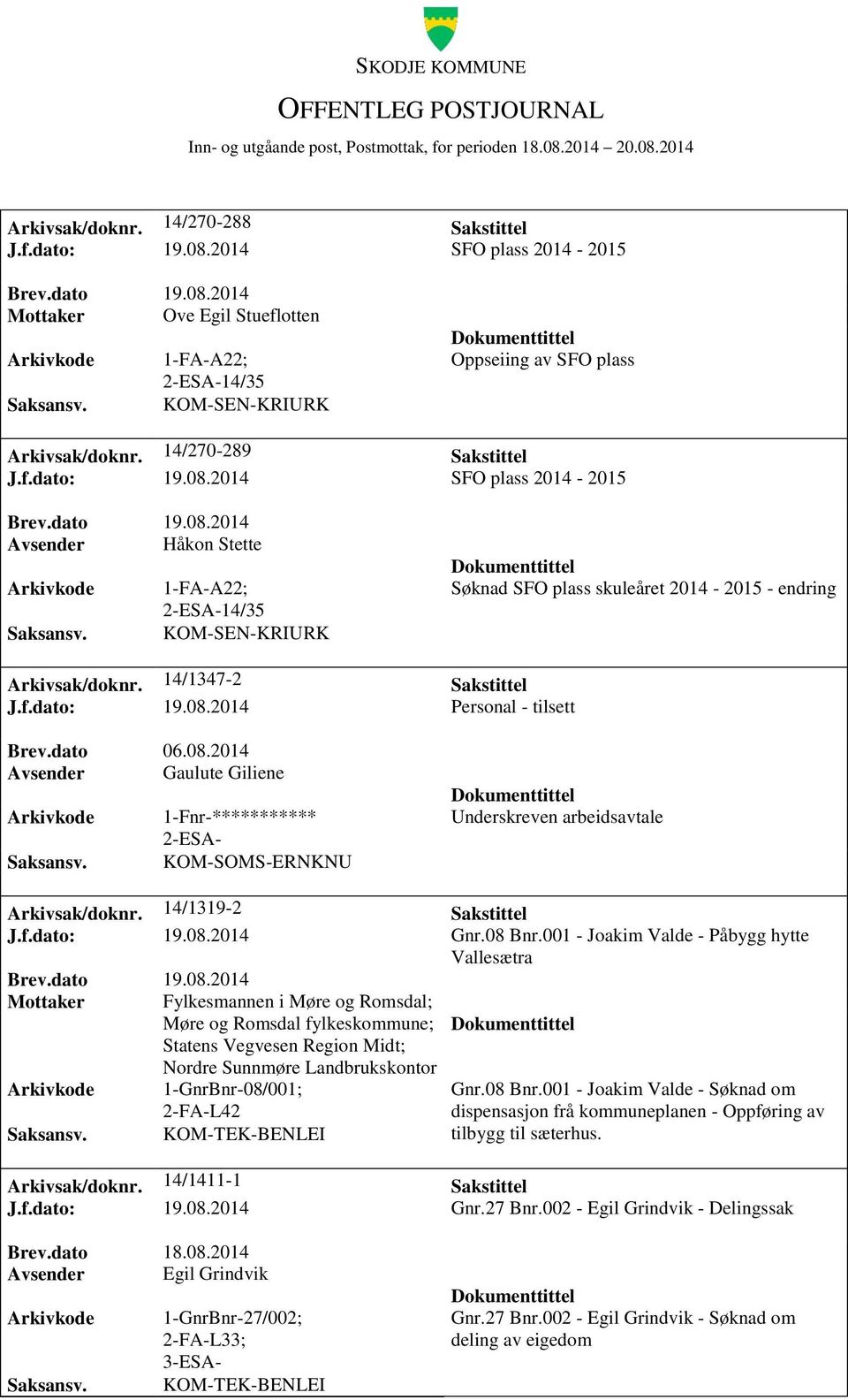 dato 06.08.2014 Avsender Gaulute Giliene KOM-SOMS-ERNKNU Underskreven arbeidsavtale Arkivsak/doknr. 14/1319-2 Sakstittel J.f.dato: 19.08.2014 Gnr.08 Bnr.