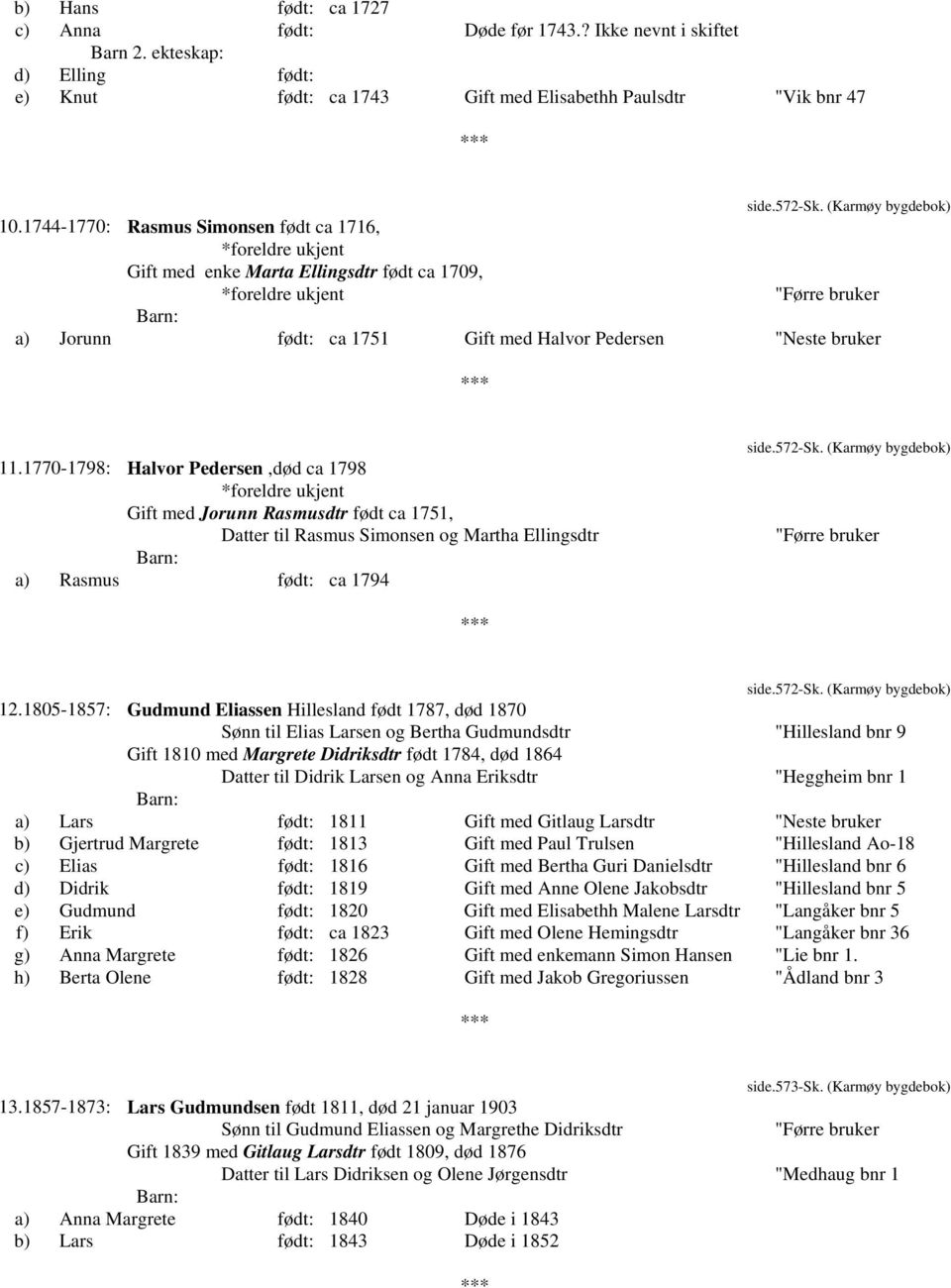 1770-1798: Halvor Pedersen,død ca 1798 Gift med Jorunn Rasmusdtr født ca 1751, a) Rasmus født: ca 1794 Datter til Rasmus Simonsen og Martha Ellingsdtr side.572-sk. (Karmøy bygdebok) side.572-sk. (Karmøy bygdebok) 12.