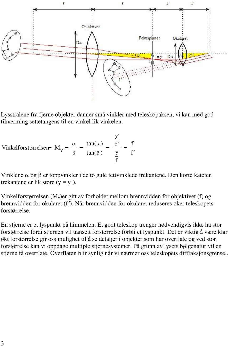 Vinkelforstørrelsen (M v )er gitt av forholdet mellom brennvidden for objektivet (f) og brennvidden for okularet (f ). Når brennvidden for okularet reduseres øker teleskopets forstørrelse.