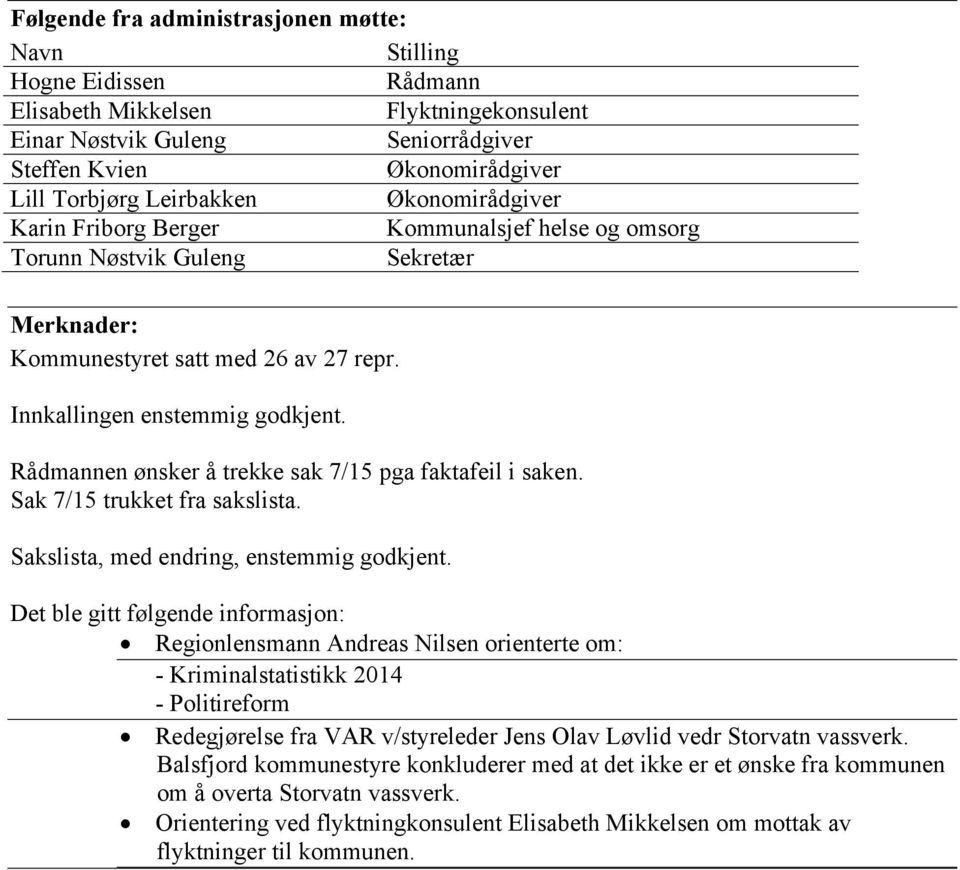 Rådmannen ønsker å trekke sak 7/15 pga faktafeil i saken. Sak 7/15 trukket fra sakslista. Sakslista, med endring, enstemmig godkjent.
