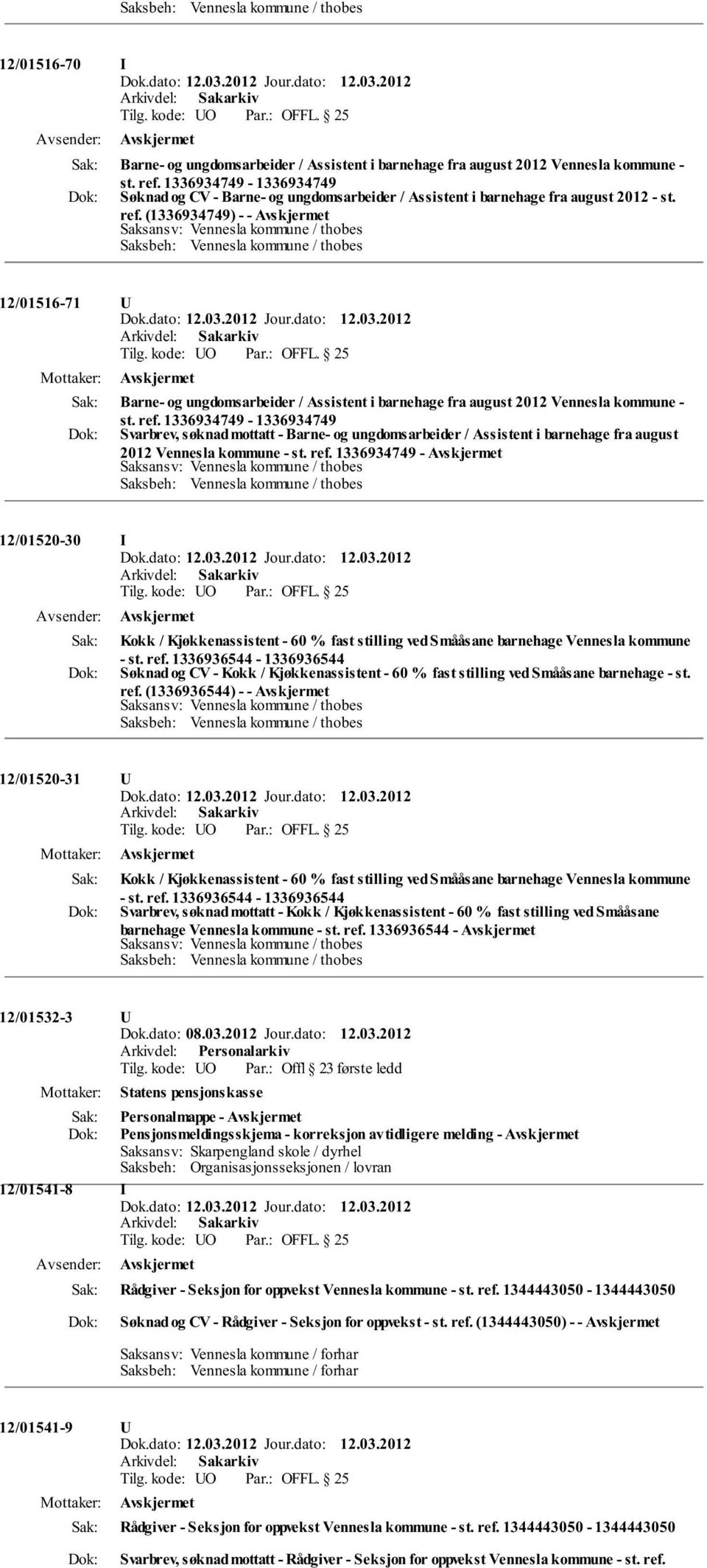 (1336934749) - - Saksansv: Vennesla kommune / thobes Saksbeh: Vennesla kommune / thobes 12/01516-71 U Barne- og ungdomsarbeider / Assistent i barnehage fra august 2012 Vennesla kommune - st. ref.