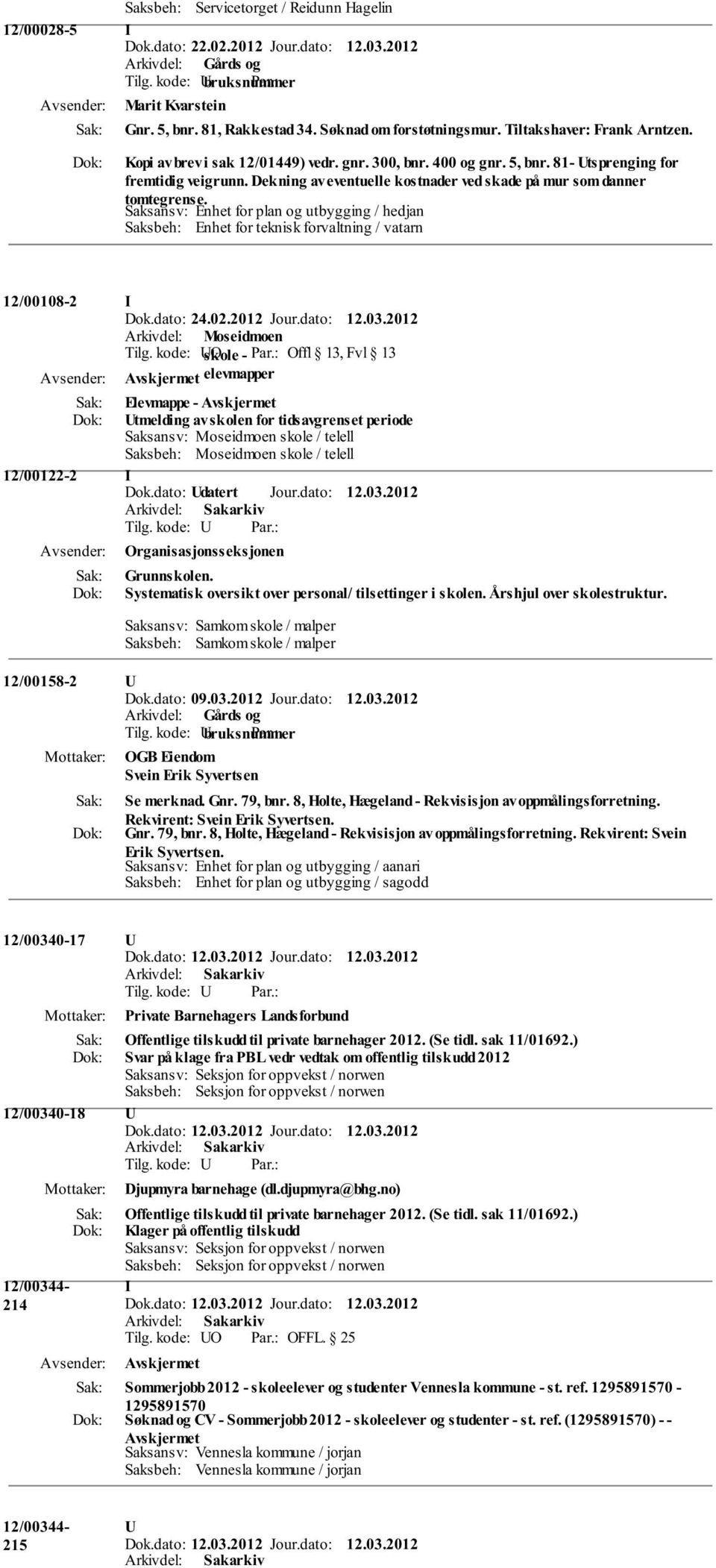 Saksansv: Enhet for plan og utbygging / hedjan Saksbeh: Enhet for teknisk forvaltning / vatarn 12/00108-2 I Dok.dato: 24.02.2012 Jour.dato: 12.03.2012 Arkivdel: Moseidmoen Tilg.