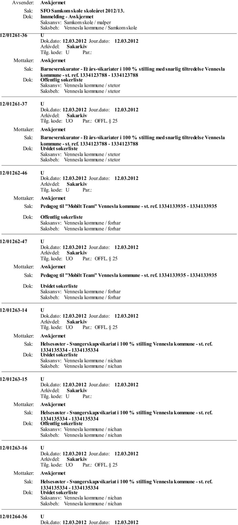 1334123788-1334123788 Offentlig søkerliste Saksansv: Vennesla kommune / stetor Saksbeh: Vennesla kommune / stetor 12/01261-37 U Barnevernkurator - Et års-vikariater i 100 % stilling med snarlig