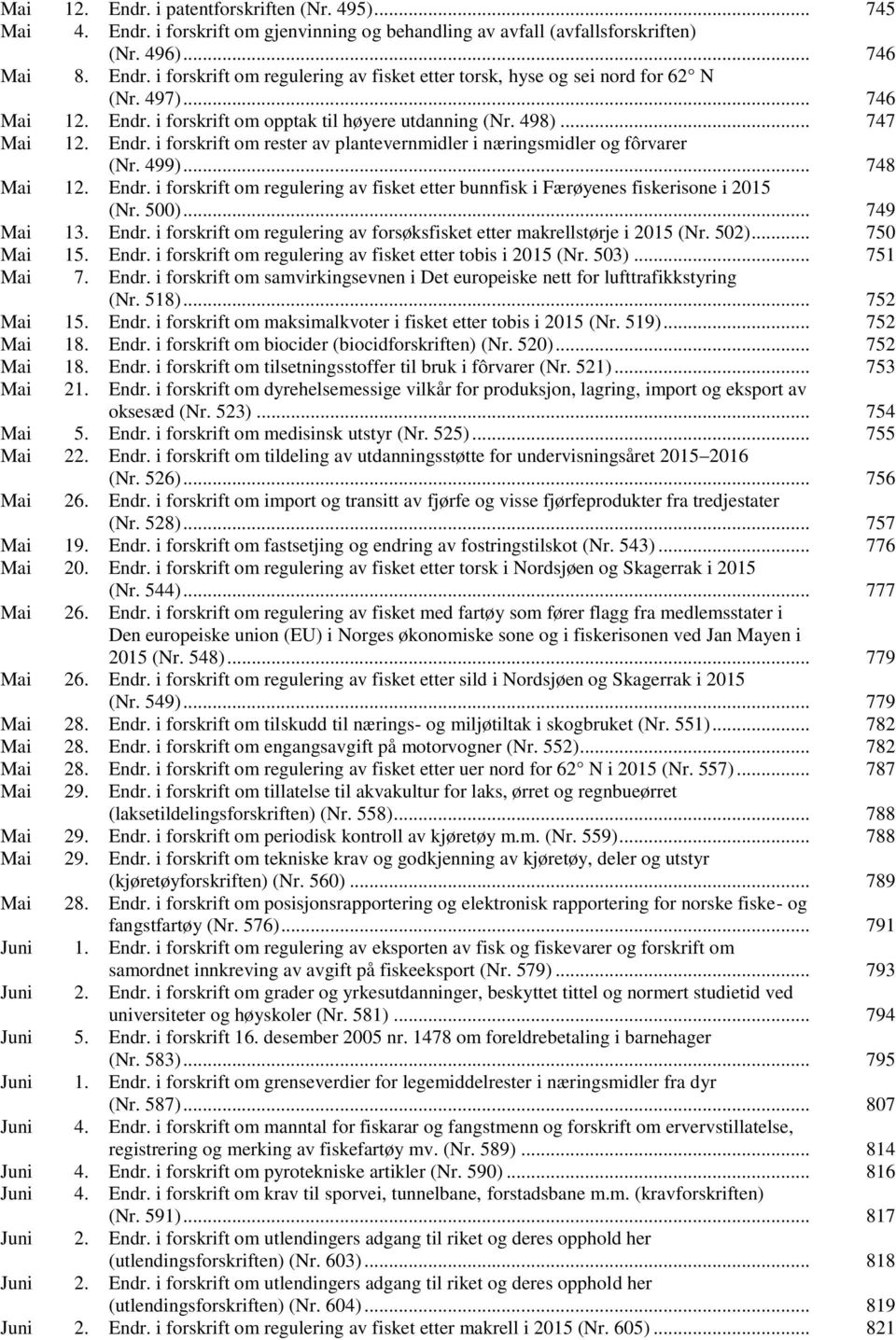 500)... 749 Mai 13. Endr. i forskrift om regulering av forsøksfisket etter makrellstørje i 2015 (Nr. 502)... 750 Mai 15. Endr. i forskrift om regulering av fisket etter tobis i 2015 (Nr. 503).