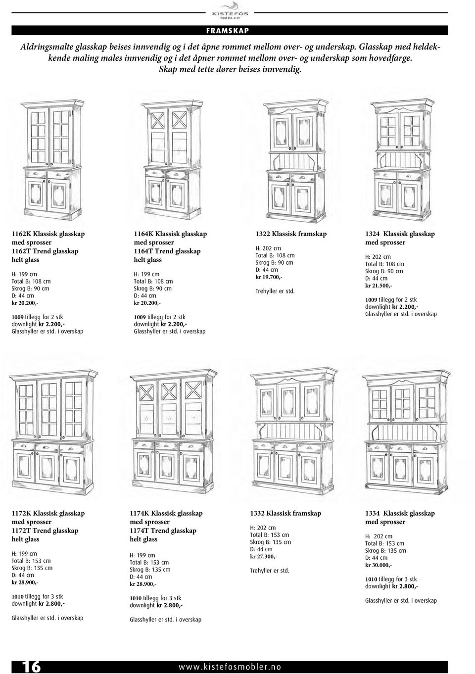 1162K Klassisk glasskap med sprosser 1162T Trend glasskap helt glass H: 199 cm Total B: 108 cm Skrog B: 90 cm kr 20.200,- 1009 tillegg for 2 stk downlight kr 2.200,- Glasshyller er std.