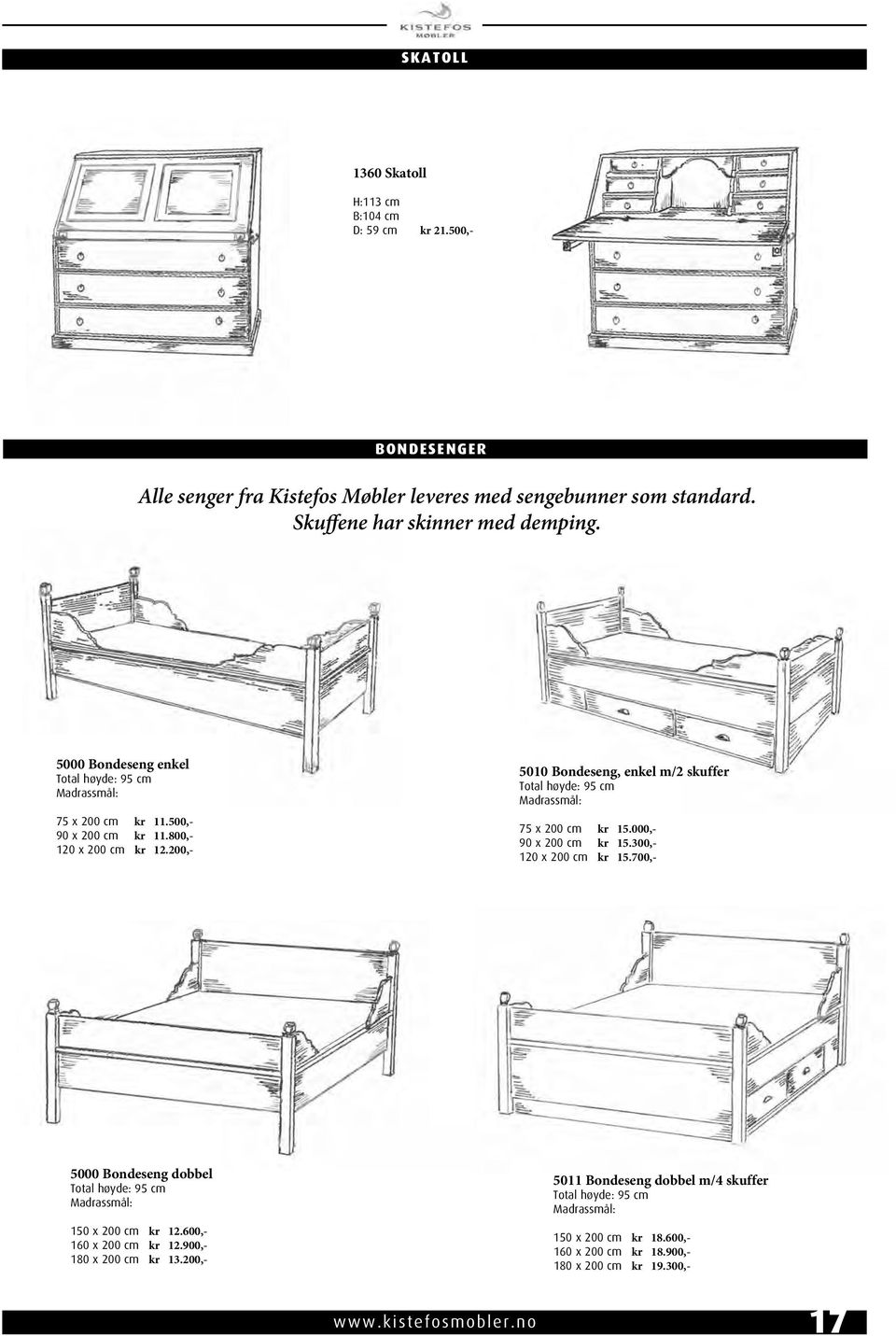 200,- 5010 Bondeseng, enkel m/2 skuffer Total høyde: 95 cm 75 x 200 cm kr 15.000,- 90 x 200 cm kr 15.300,- 120 x 200 cm kr 15.