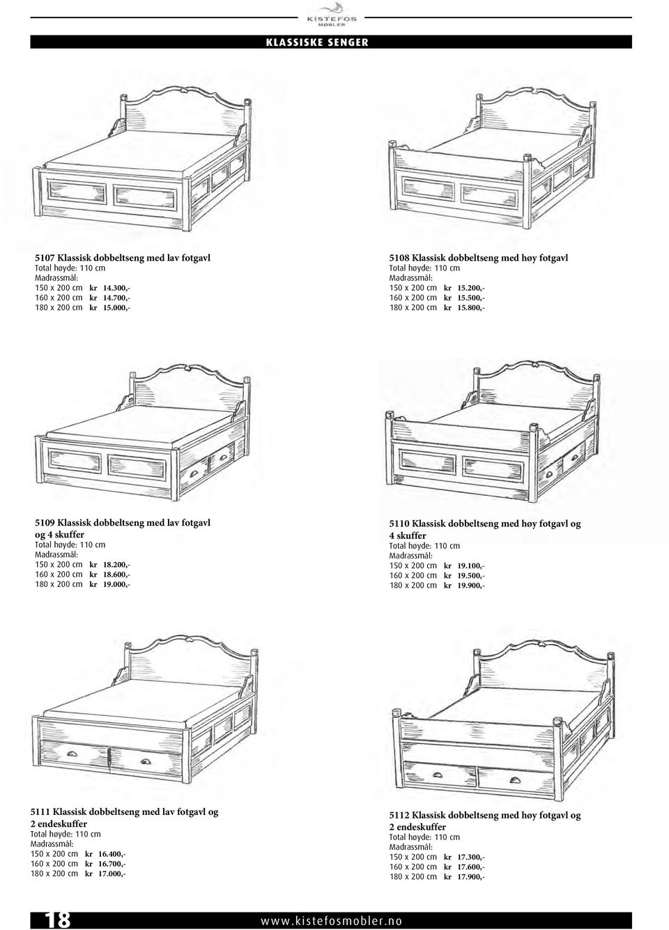 800,- 5109 Klassisk dobbeltseng med lav fotgavl og 4 skuffer Total høyde: 110 cm 150 x 200 cm kr 18.200,- 160 x 200 cm kr 18.600,- 180 x 200 cm kr 19.