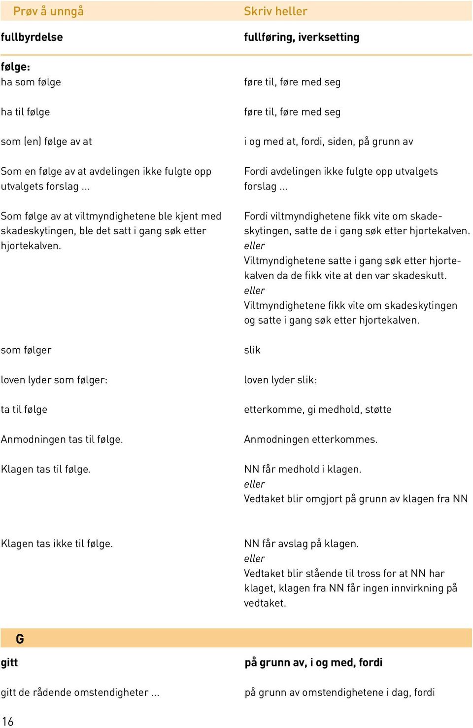 Klagen tas til følge. Skriv h fullføring, iverksetting føre til, føre med seg føre til, føre med seg i og med at, fordi, siden, på grunn av Fordi avdelingen ikke fulgte opp utvalgets forslag.