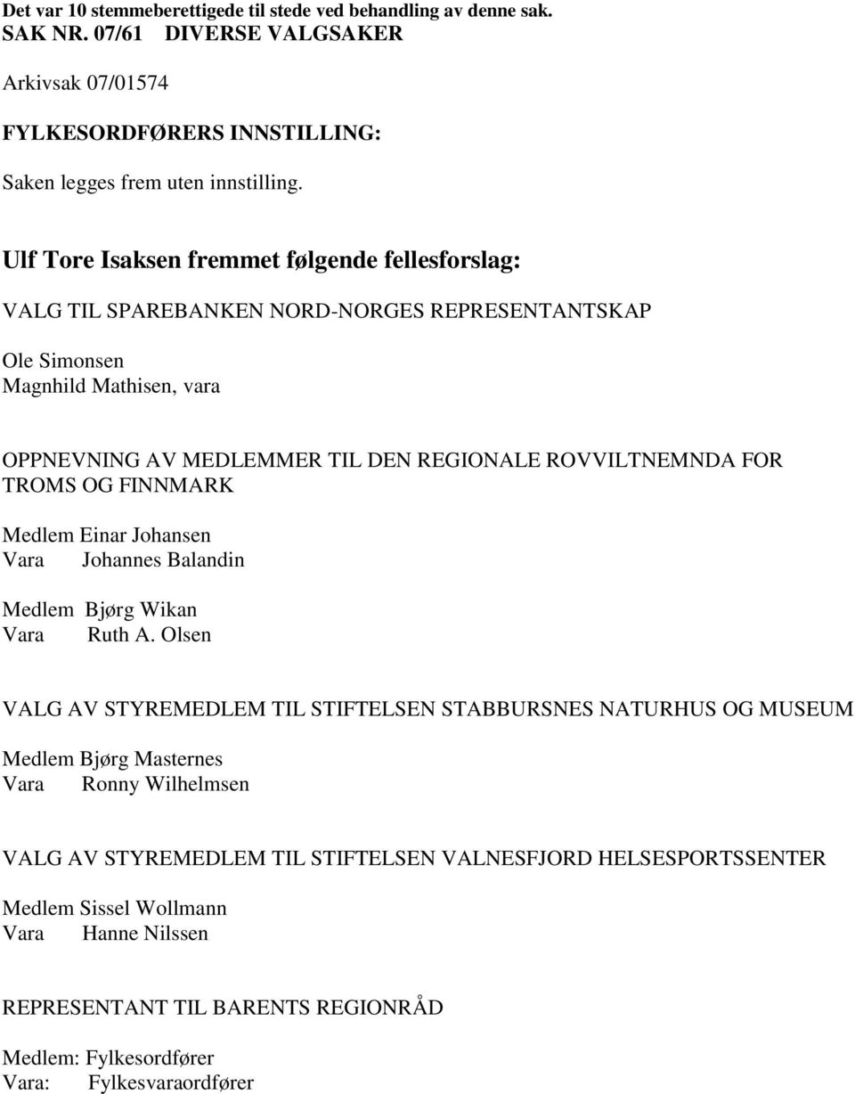 ROVVILTNEMNDA FOR TROMS OG FINNMARK Medlem Einar Johansen Vara Johannes Balandin Medlem Bjørg Wikan Vara Ruth A.