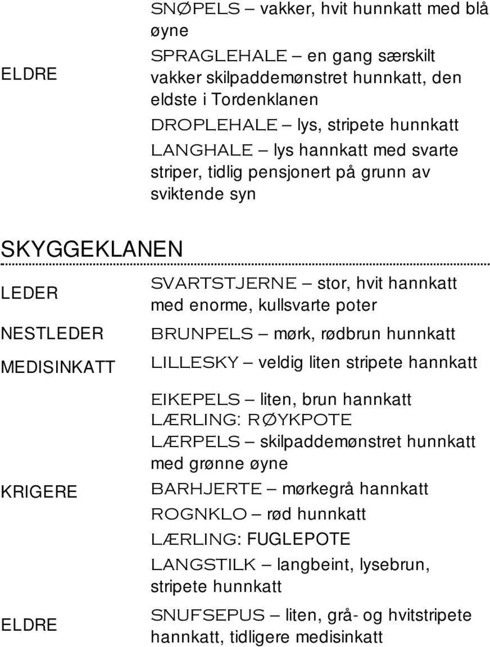 kullsvarte poter BRUNPELS mørk, rødbrun hunnkatt LILLESKY veldig liten stripete EIKEPELS liten, brun LÆRLING: RØYKPOTE LÆRPELS skilpaddemønstret hunnkatt med grønne