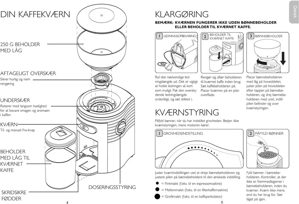 smagen og aromaen i kaffen KVÆRN Til- og manuel Fra-knap Rul den nødvendige ledningslængde ud. Det er vigtigt at holde ledningen så kort som muligt.