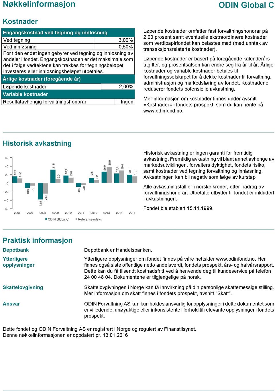 Årlige kostnader (foregående år) Løpende kostnader 2,00% Variable kostnader Resultatavhengig forvaltningshonorar Ingen ODIN Global C Løpende kostnader omfatter fast forvaltningshonorar på 2,00