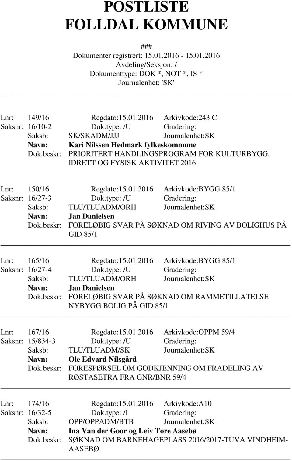 type: /U Gradering: Saksb: TLU/TLUADM/ORH Journalenhet:SK Navn: Jan Danielsen Dok.beskr: FORELØBIG SVAR PÅ SØKNAD OM RIVING AV BOLIGHUS PÅ GID 85/1 Lnr: 165/16 Regdato:15.01.