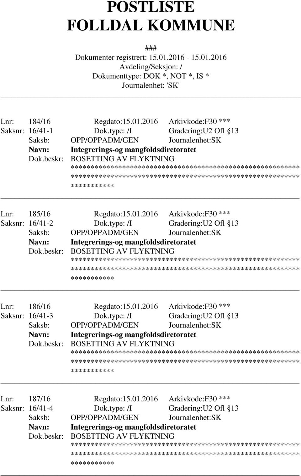 type: /I Gradering:U2 Ofl 13 Lnr: 186/16 Regdato:15.01.2016 Arkivkode:F30 *** Saksnr: 16/41-3 Dok.