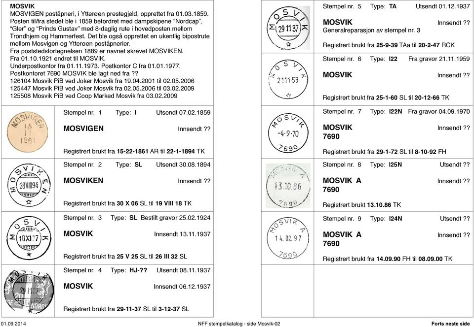 Det ble også opprettet en ukentlig bipostrute mellom Mosvigen og Ytterøen poståpnerier. Fra poststedsfortegnelsen 1889 er navnet skrevet MOSVIKEN. Fra 01.10.1921 endret til MOSVIK.