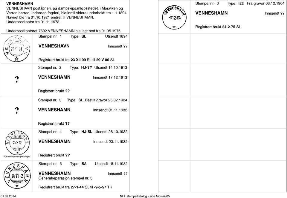 1964 VENNESHAMN Innsendt Registrert brukt 24-2-75 SL VENNESHAVN Innsendt Registrert brukt fra 23 XII 99 SL til 29 V 00 SL Stempel nr. 2 Type: HJ- Utsendt 14.10.1913 VENNESHAMN Innsendt 17.12.