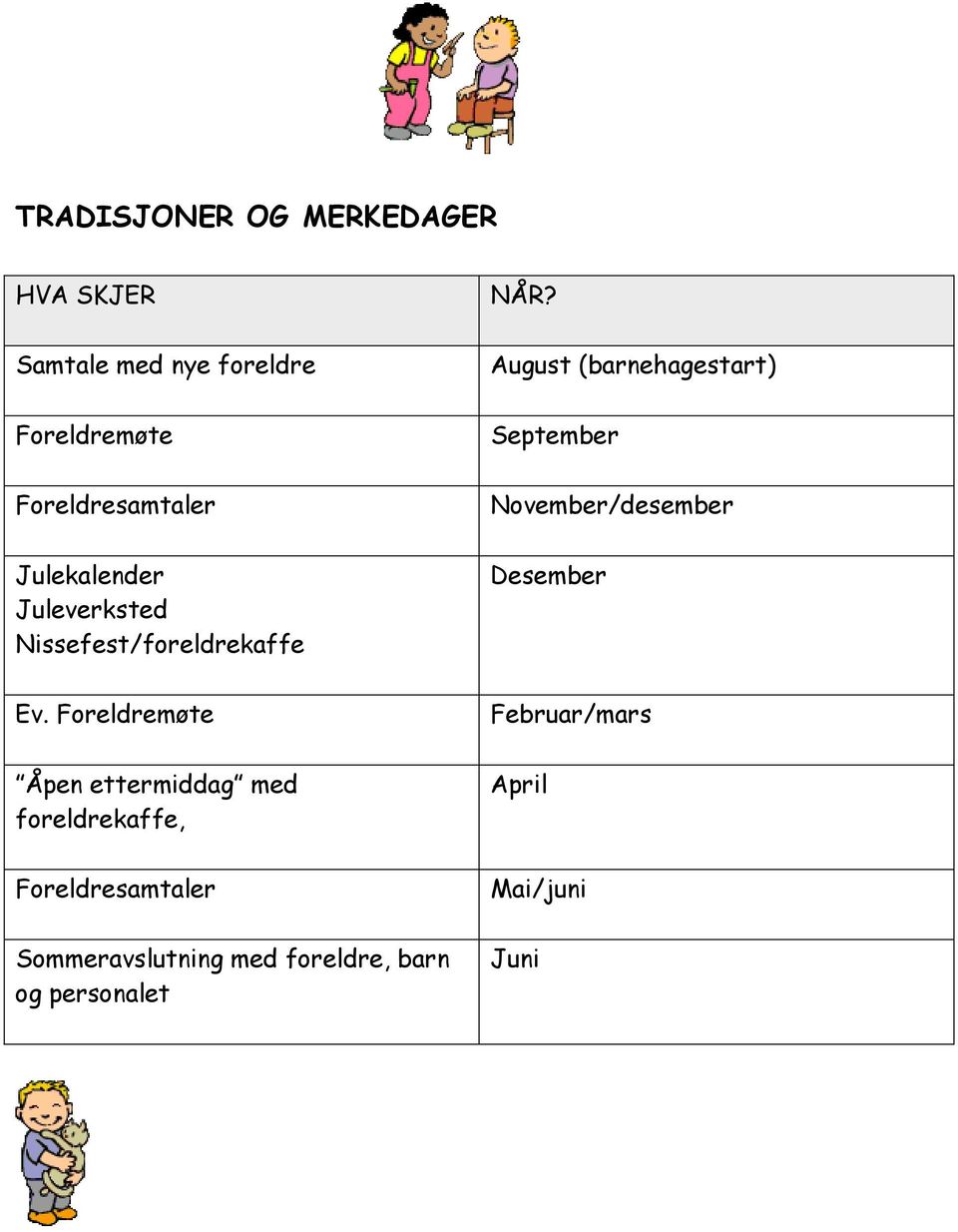 August (barnehagestart) September November/desember Desember Ev.