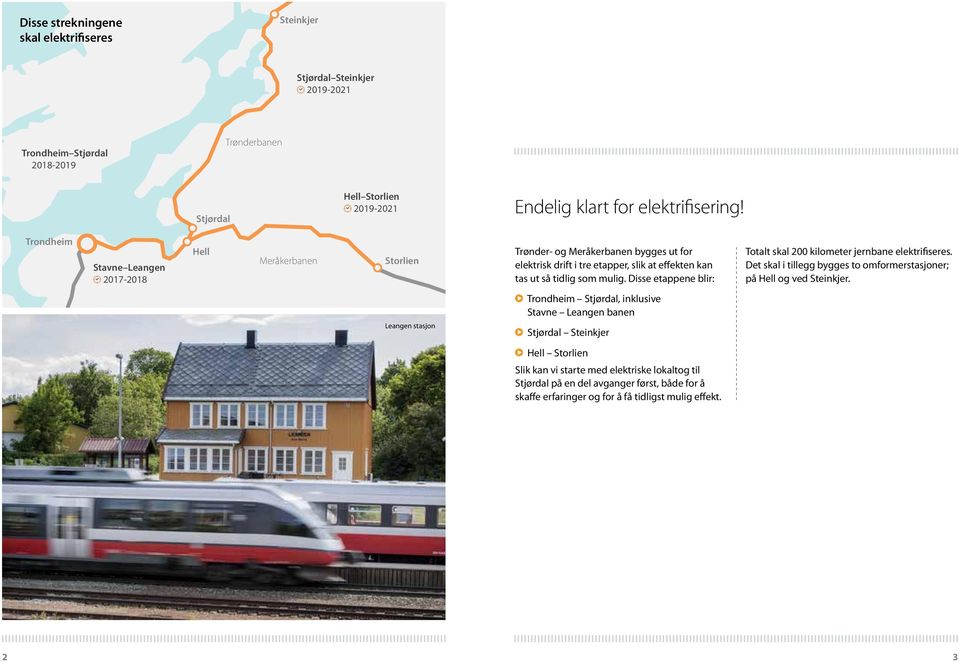 Disse etappene blir: Totalt skal 200 kilometer jernbane elektrifiseres. Det skal i tillegg bygges to omformerstasjoner; på Hell og ved Steinkjer.