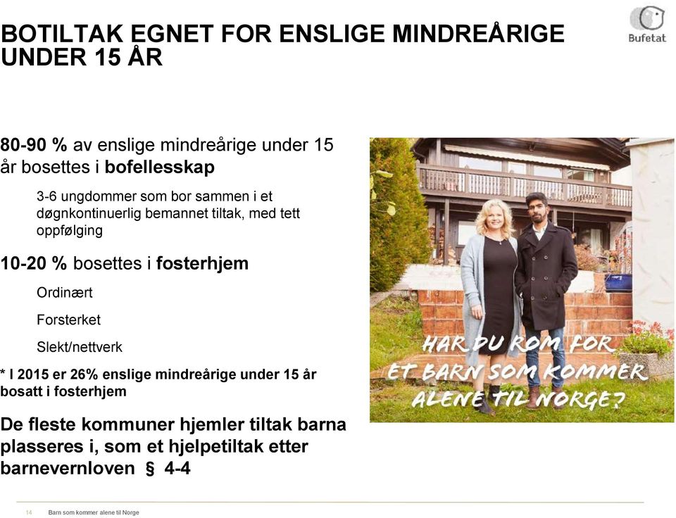 Ordinært Forsterket Slekt/nettverk * I 2015 er 26% enslige mindreårige under 15 år bosatt i fosterhjem De fleste