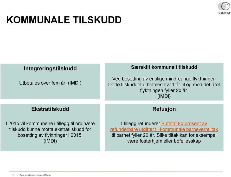 Dette tilskuddet utbetales hvert år til og med det året flyktningen fyller 20 år.