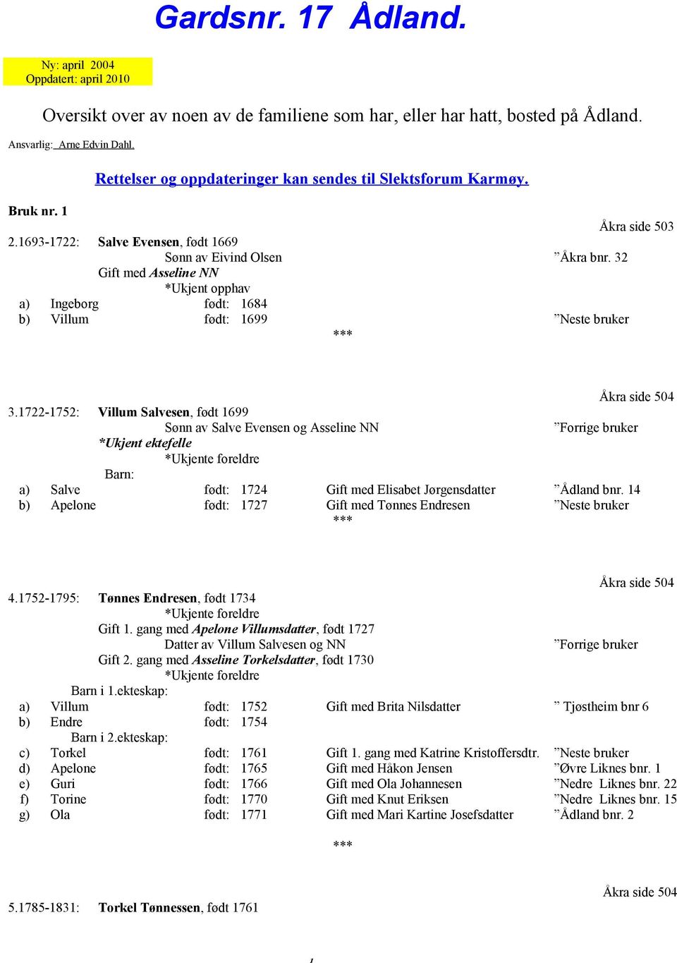 32 Gift med Asseline NN *Ukjent opphav a) Ingeborg født: 1684 b) Villum født: 1699 Neste bruker Åkra side 504 3.