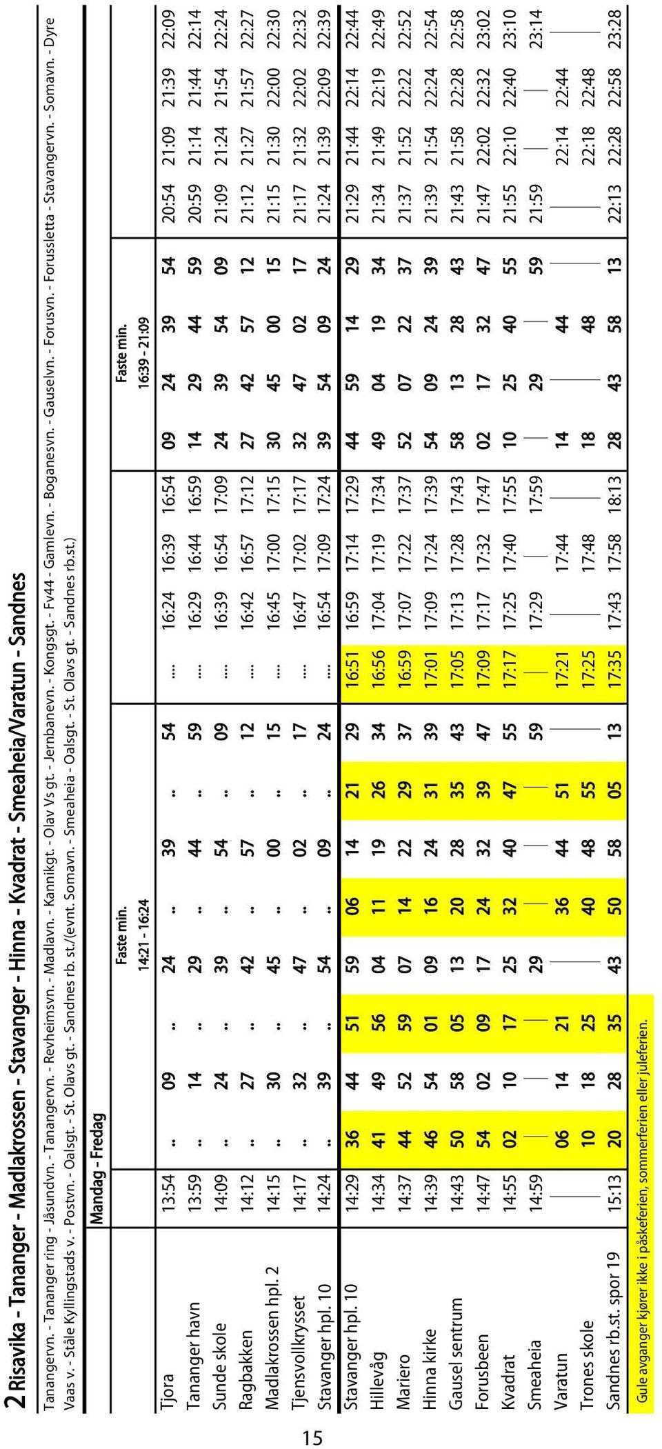- Sandnes rb. st./(evnt. Somavn. - Smeaheia - Oalsgt. - St. Olavs gt. - Sandnes rb.st.) 14:21-16:24 16:39-21:09 Tjora 13:54.. 09.. 24.. 39.. 54.