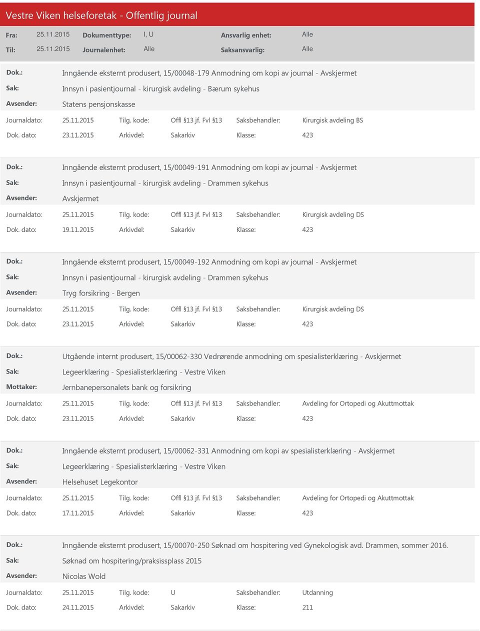 2015 Arkivdel: Sakarkiv Inngående eksternt produsert, 15/00049-192 Anmodning om kopi av journal - Innsyn i pasientjournal - kirurgisk avdeling - Drammen sykehus Tryg forsikring - Bergen Kirurgisk