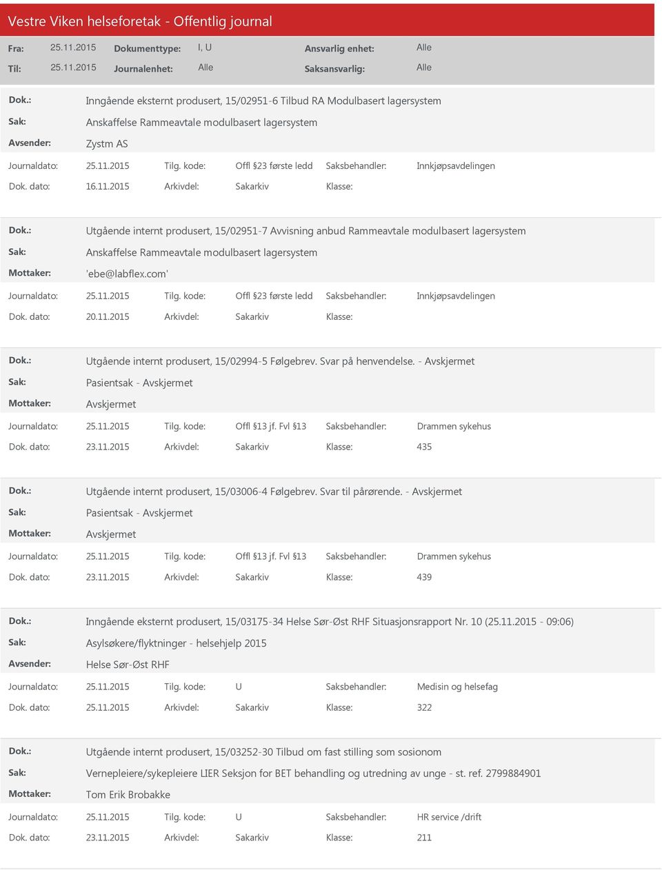 2015 Arkivdel: Sakarkiv tgående internt produsert, 15/02994-5 Følgebrev. Svar på henvendelse. - Pasientsak - Drammen sykehus 435 tgående internt produsert, 15/03006-4 Følgebrev. Svar til pårørende.