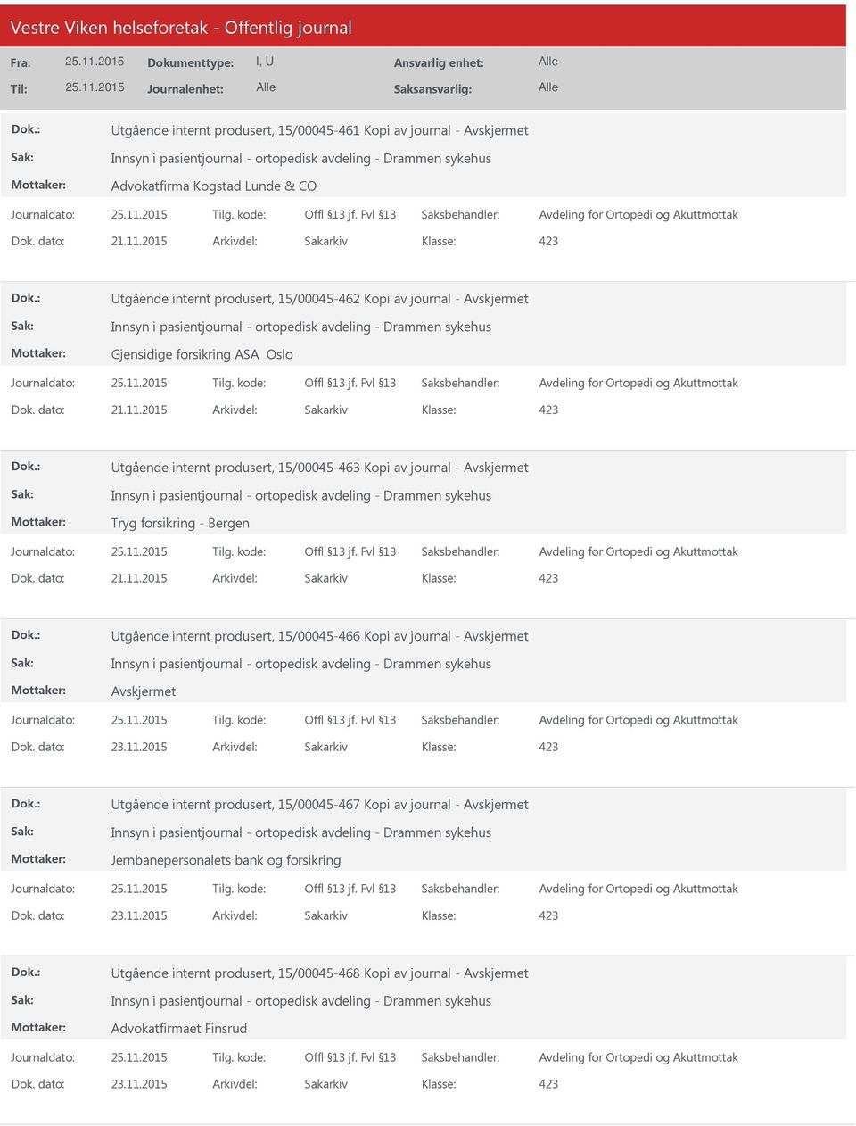 2015 Arkivdel: Sakarkiv tgående internt produsert, 15/00045-462 Kopi av journal - Innsyn i pasientjournal - ortopedisk avdeling - Drammen sykehus Gjensidige forsikring ASA Oslo Avdeling for Ortopedi