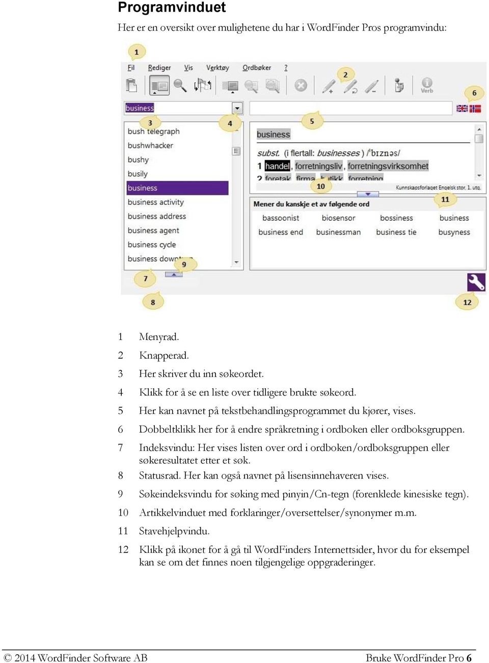 7 Indeksvindu: Her vises listen over ord i ordboken/ordboksgruppen eller søkeresultatet etter et søk. 8 Statusrad. Her kan også navnet på lisensinnehaveren vises.