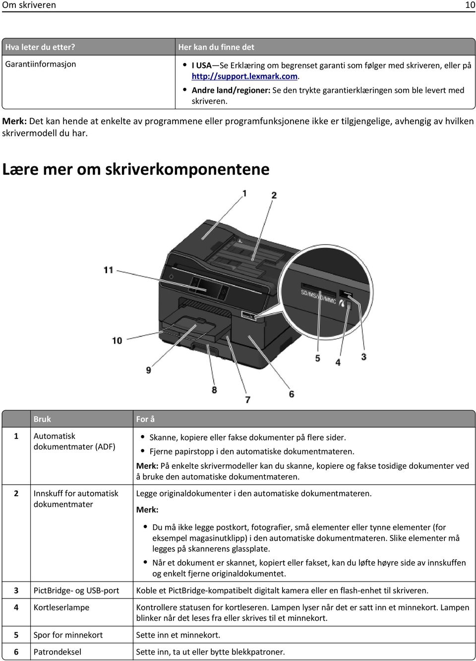 Merk: Det kan hende at enkelte av programmene eller programfunksjonene ikke er tilgjengelige, avhengig av hvilken skrivermodell du har.