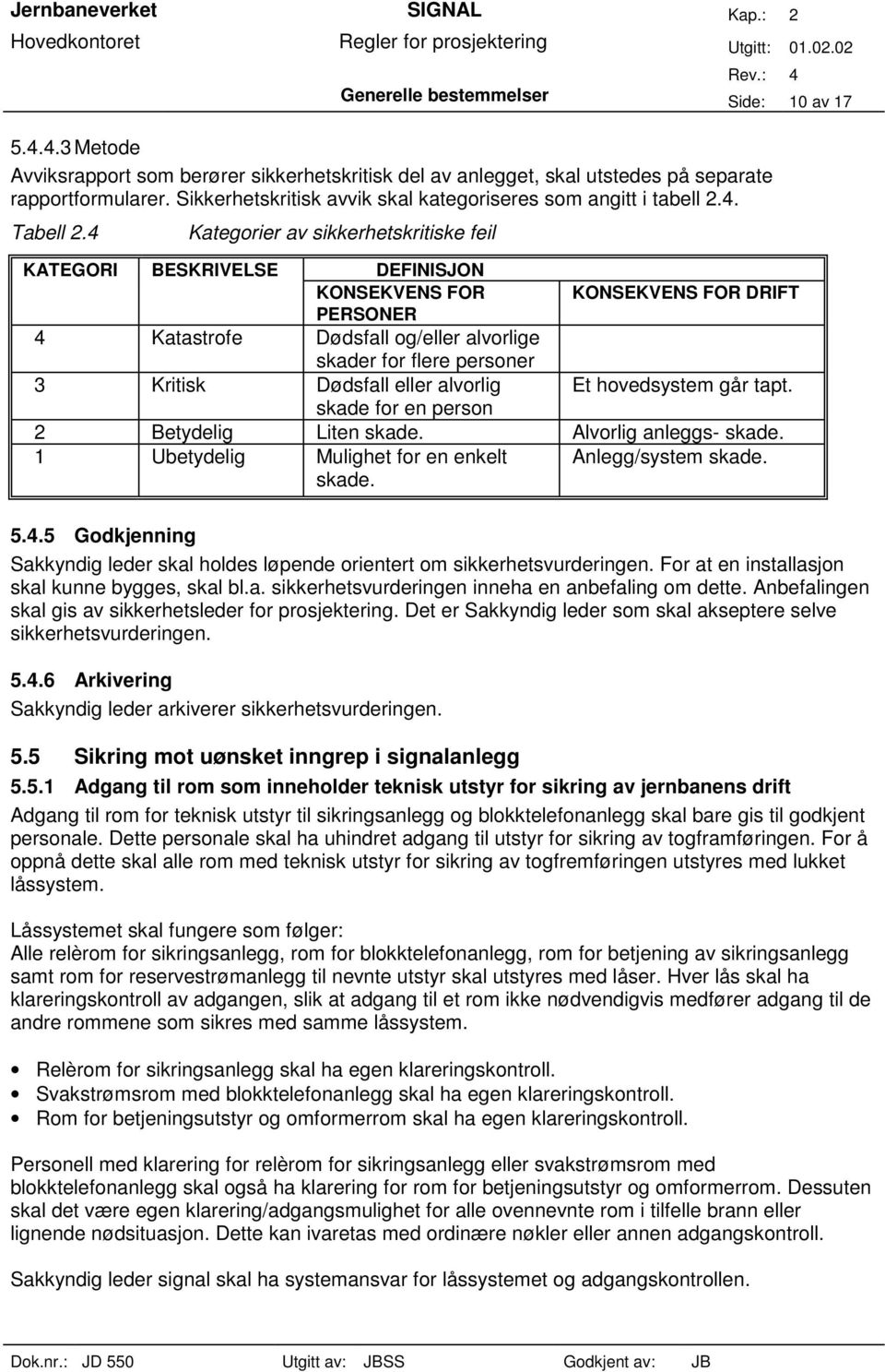 4 Kategorier av sikkerhetskritiske feil KATEGORI BESKRIVELSE DEFINISJON KONSEKVENS FOR KONSEKVENS FOR DRIFT PERSONER 4 Katastrofe Dødsfall og/eller alvorlige skader for flere personer 3 Kritisk