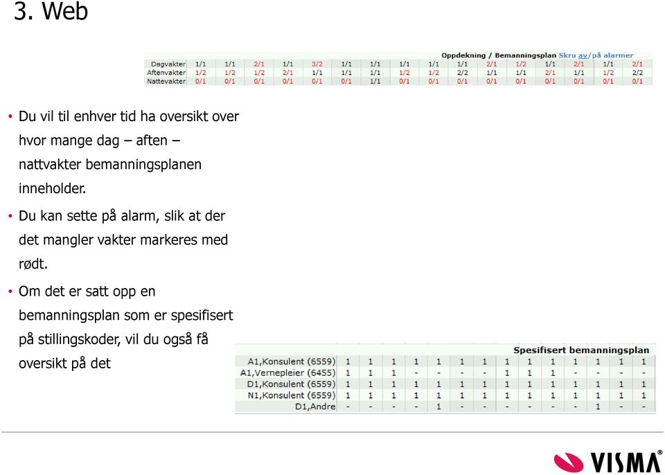 Du kan sette på alarm, slik at der det mangler vakter markeres med rødt.
