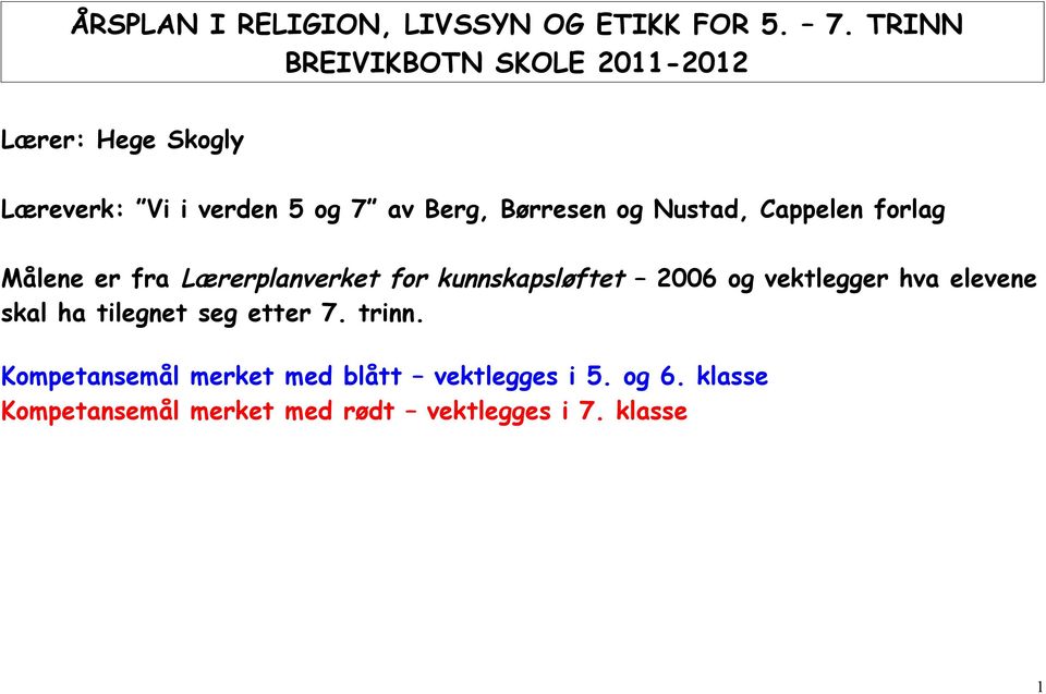 og Nustad, Cappelen forlag Målene er fra Lærerplanverket for kunnskapsløftet 2006 og vektlegger hva