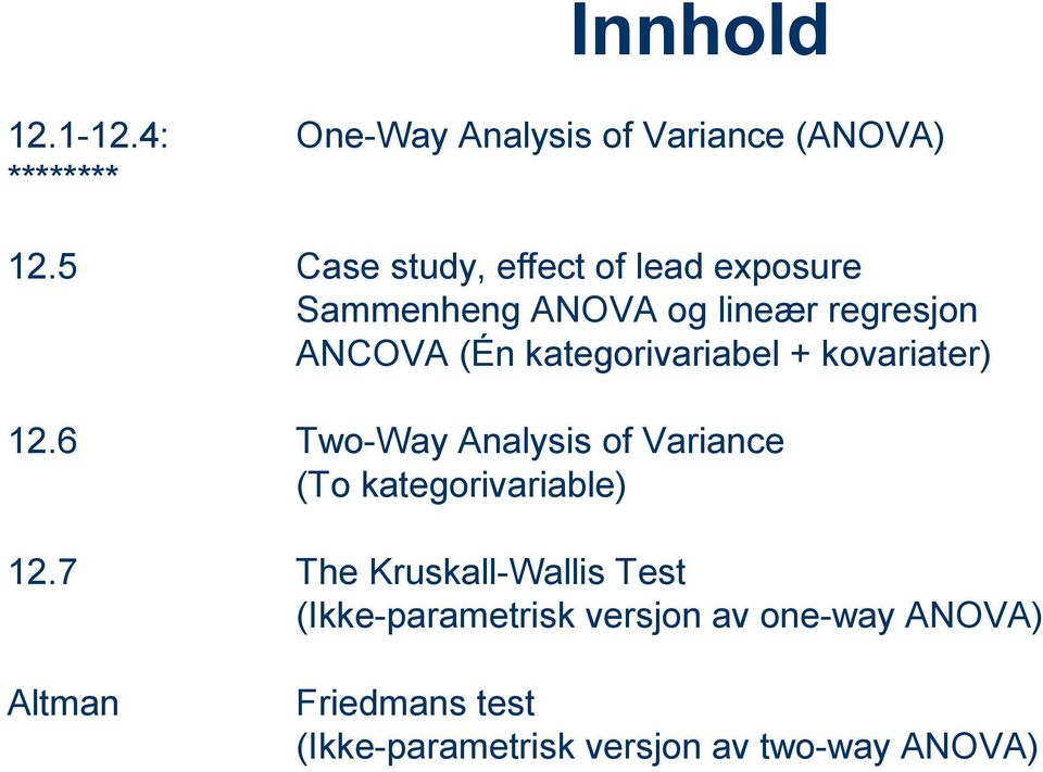 kategorivariabel + kovariater) 12.6 Two-Way Analysis of Variance (To kategorivariable) 12.