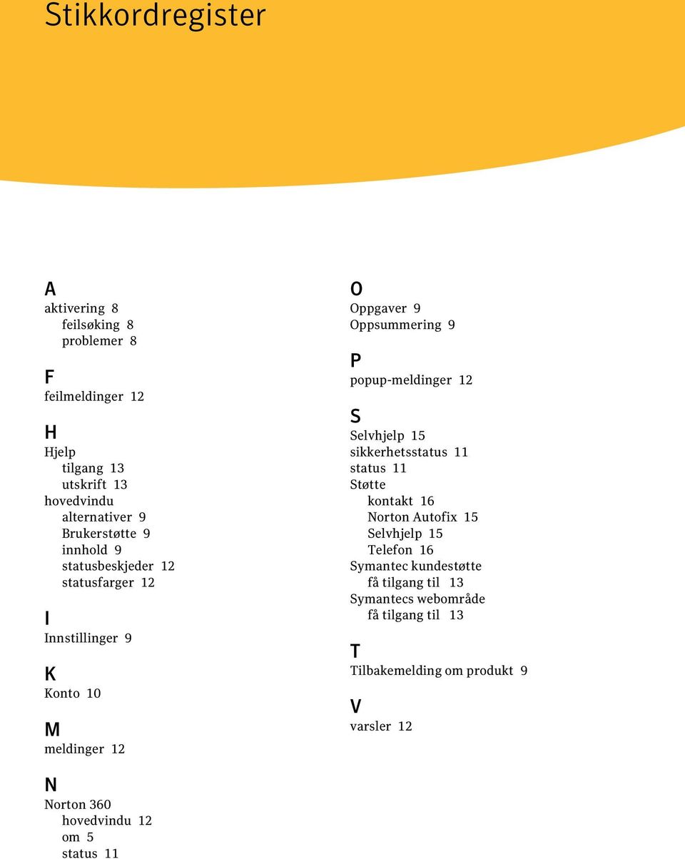 popup-meldinger 12 S Selvhjelp 15 sikkerhetsstatus 11 status 11 Støtte kontakt 16 Norton Autofix 15 Selvhjelp 15 Telefon 16 Symantec