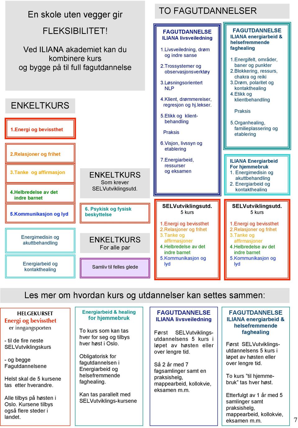 Psykisk og fysisk beskyttelse ENKELTKURS For alle par Samliv til felles glede FAGUTDANNELSE ILIANA livsveiledning 1.Livsveiledning, drøm og indre sanse 2.Trossystemer og observasjonsverktøy 3.