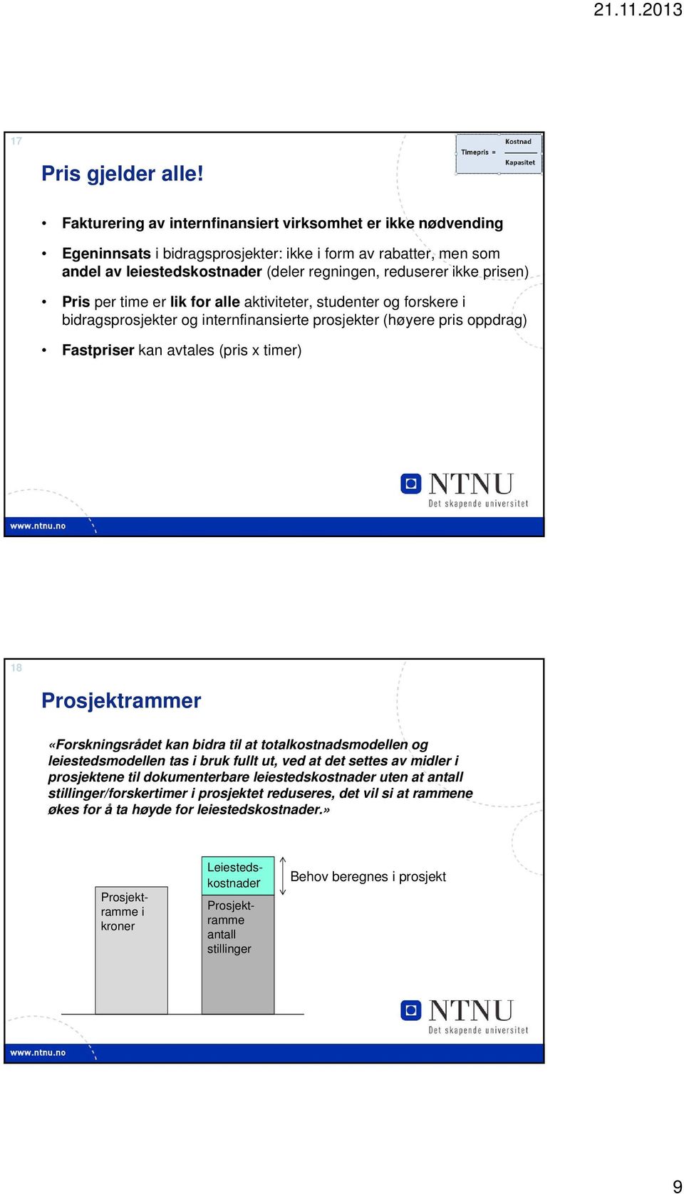 Pris per time er lik for alle aktiviteter, studenter og forskere i bidragsprosjekter og internfinansierte prosjekter (høyere pris oppdrag) Fastpriser kan avtales (pris x timer) 18 Prosjektrammer