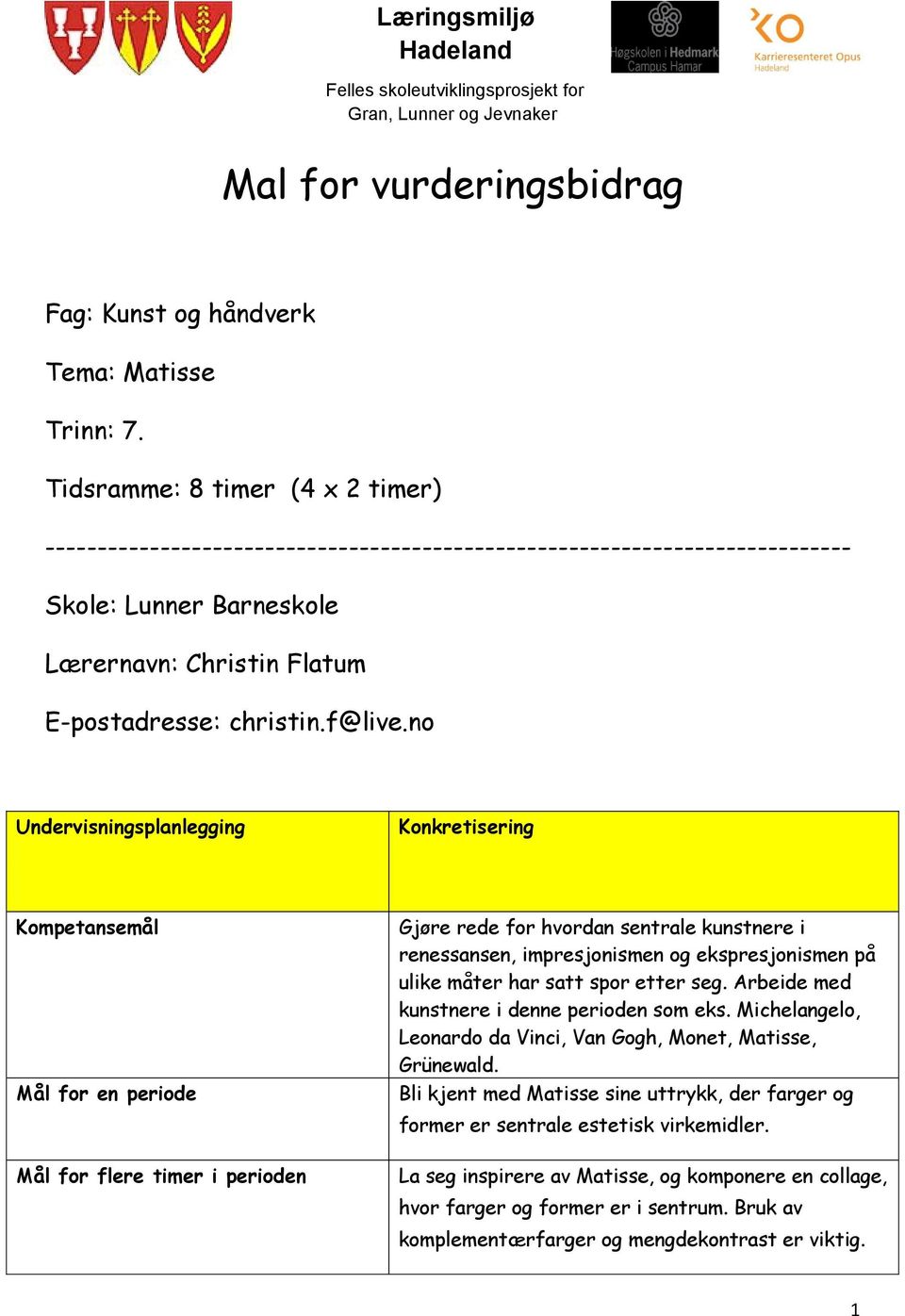 no Undervisningsplanlegging Konkretisering Kompetansemål Mål for en periode Mål for flere timer i perioden Gjøre rede for hvordan sentrale kunstnere i renessansen, impresjonismen og ekspresjonismen